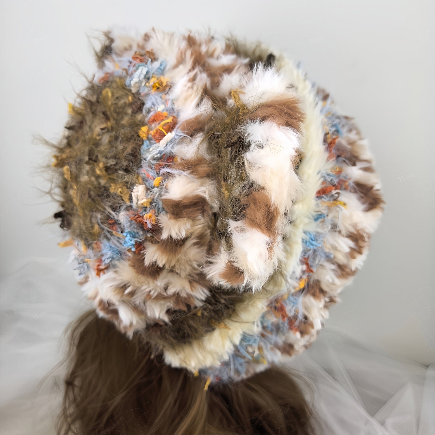 Handmade Spotted Brown Bear Ear Knit Beanie - Fluffy Cream Plush Animal Trapper Hat for Women