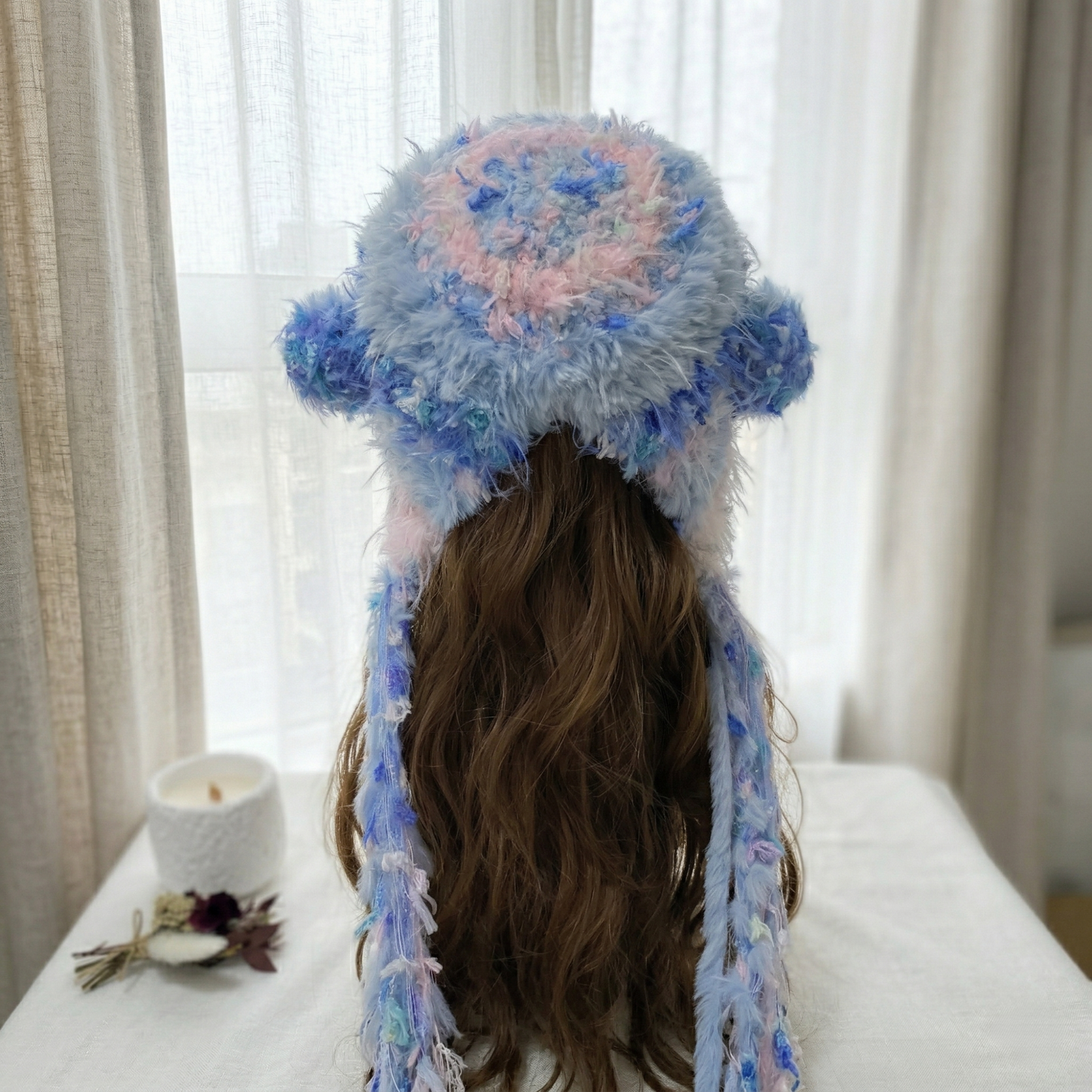 Handmade Lamb Ear Hat - Blue and Pink Fuzzy Jellyfish Beanie - Whimsical Aesthetic Plush Winter Trapper Hat with Long Straps