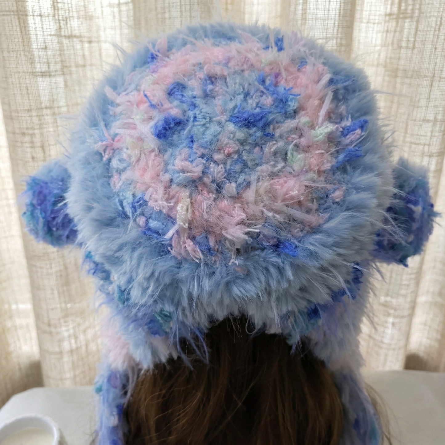 Handmade Lamb Ear Hat - Blue and Pink Fuzzy Jellyfish Beanie - Whimsical Aesthetic Plush Winter Trapper Hat with Long Straps