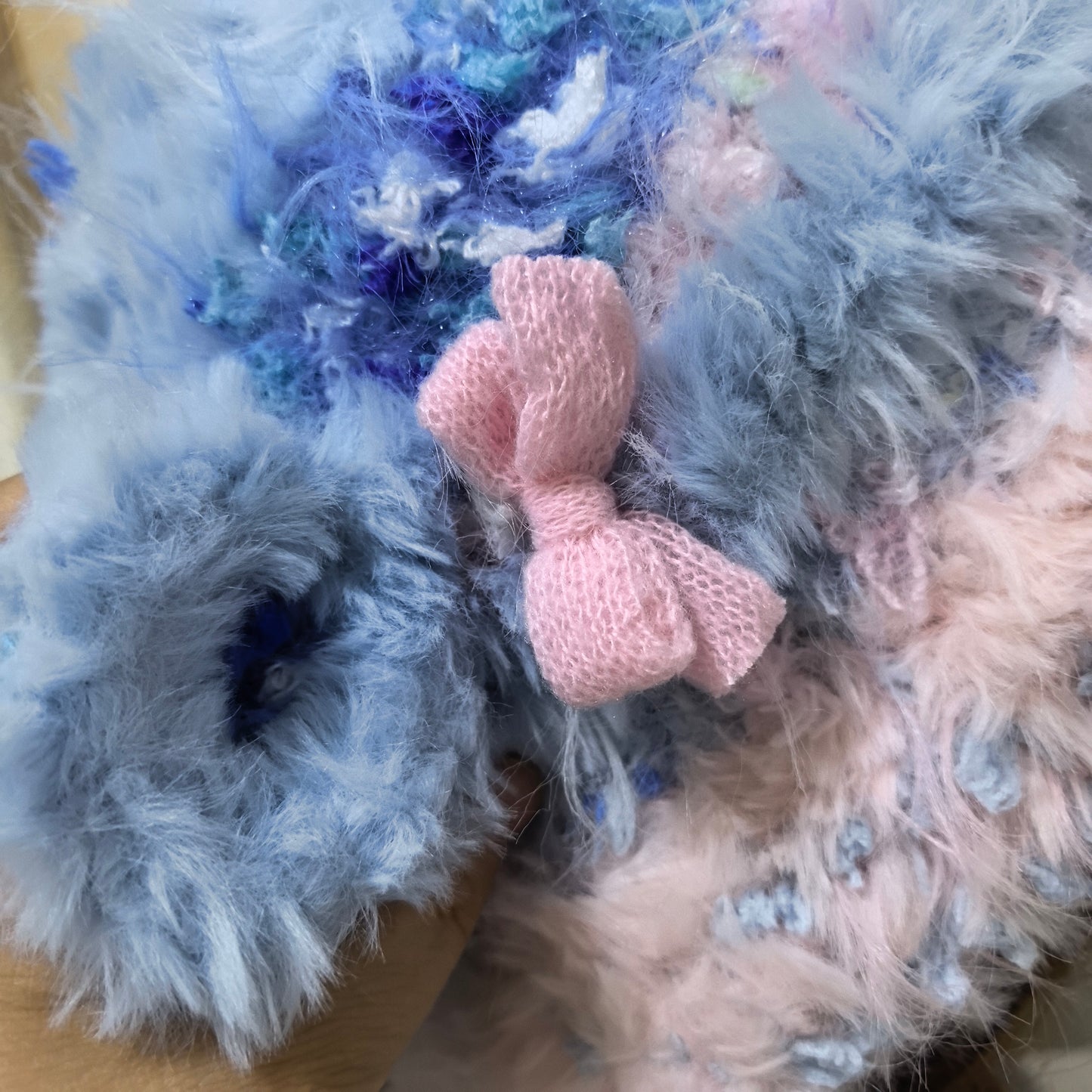 Handmade Lamb Ear Hat - Blue and Pink Fuzzy Jellyfish Beanie - Whimsical Aesthetic Plush Winter Trapper Hat with Long Straps