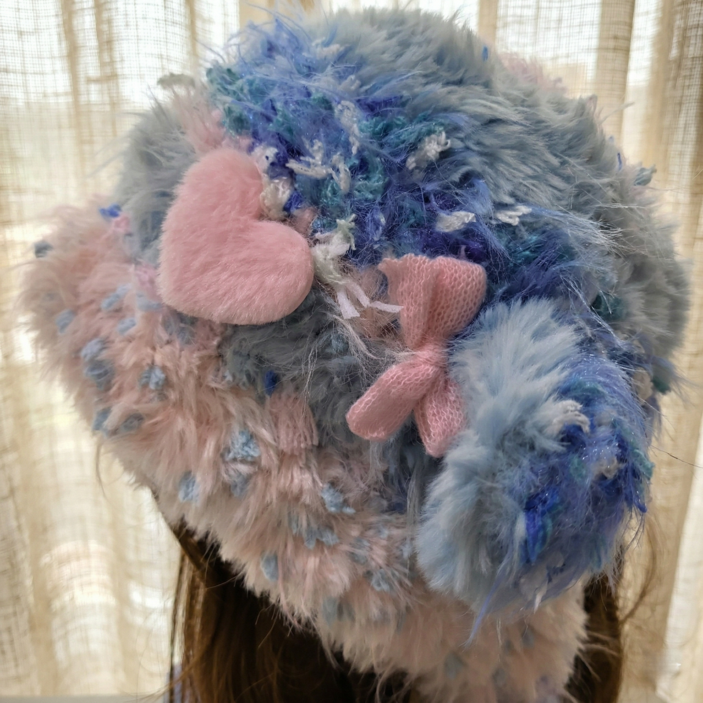 Handmade Lamb Ear Hat - Blue and Pink Fuzzy Jellyfish Beanie - Whimsical Aesthetic Plush Winter Trapper Hat with Long Straps