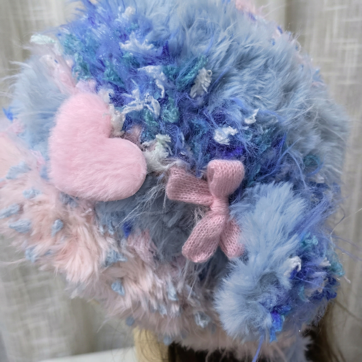 Handmade Lamb Ear Hat - Blue and Pink Fuzzy Jellyfish Beanie - Whimsical Aesthetic Plush Winter Trapper Hat with Long Straps