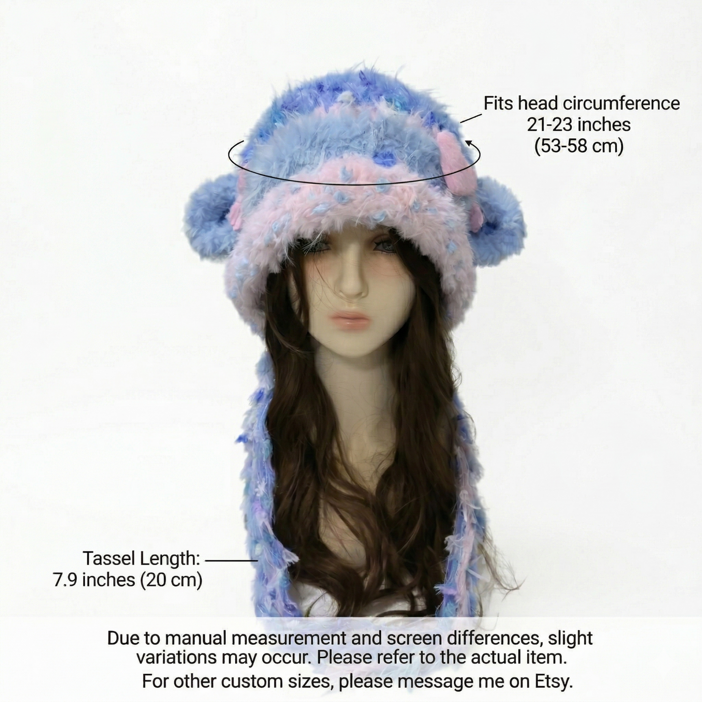 Handmade Lamb Ear Hat - Blue and Pink Fuzzy Jellyfish Beanie - Whimsical Aesthetic Plush Winter Trapper Hat with Long Straps