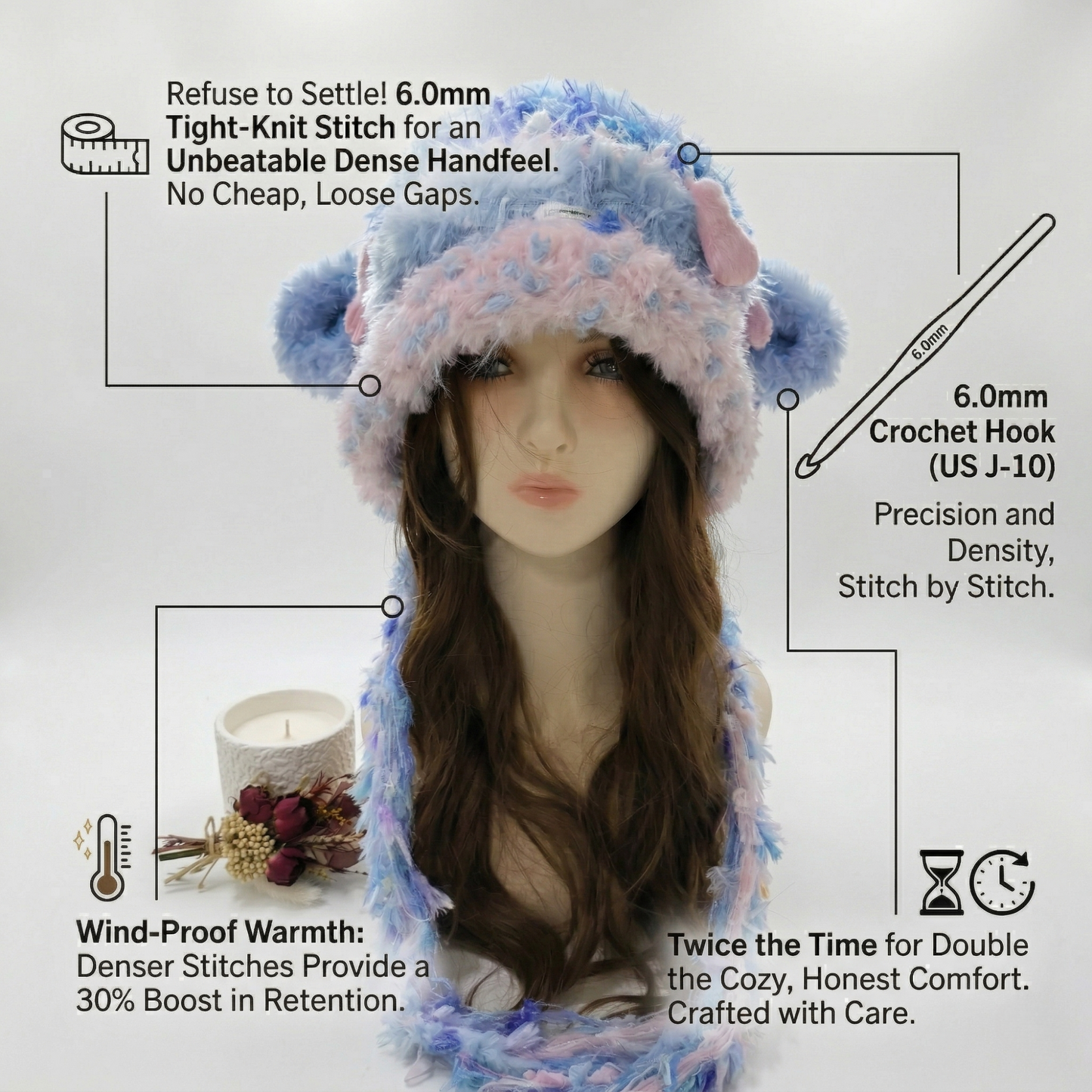 Handmade Lamb Ear Hat - Blue and Pink Fuzzy Jellyfish Beanie - Whimsical Aesthetic Plush Winter Trapper Hat with Long Straps