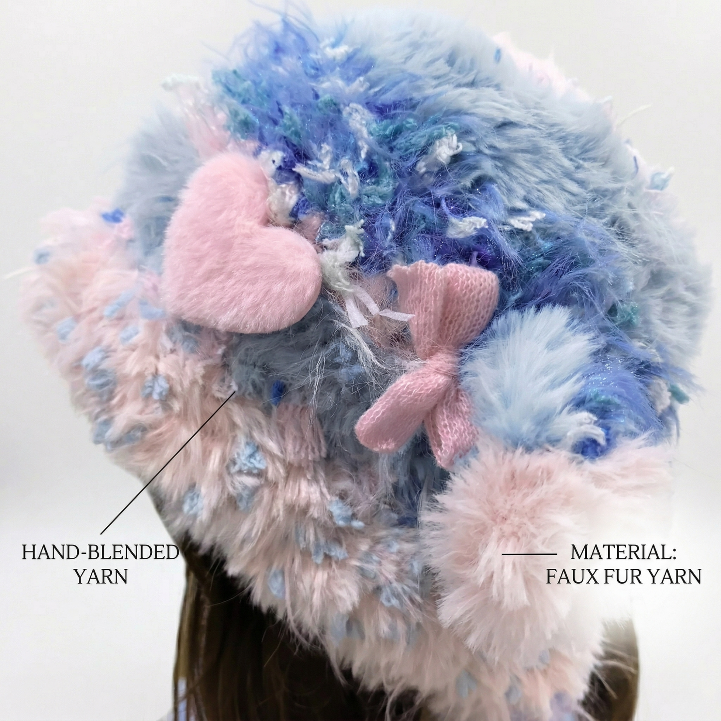 Handmade Lamb Ear Hat - Blue and Pink Fuzzy Jellyfish Beanie - Whimsical Aesthetic Plush Winter Trapper Hat with Long Straps