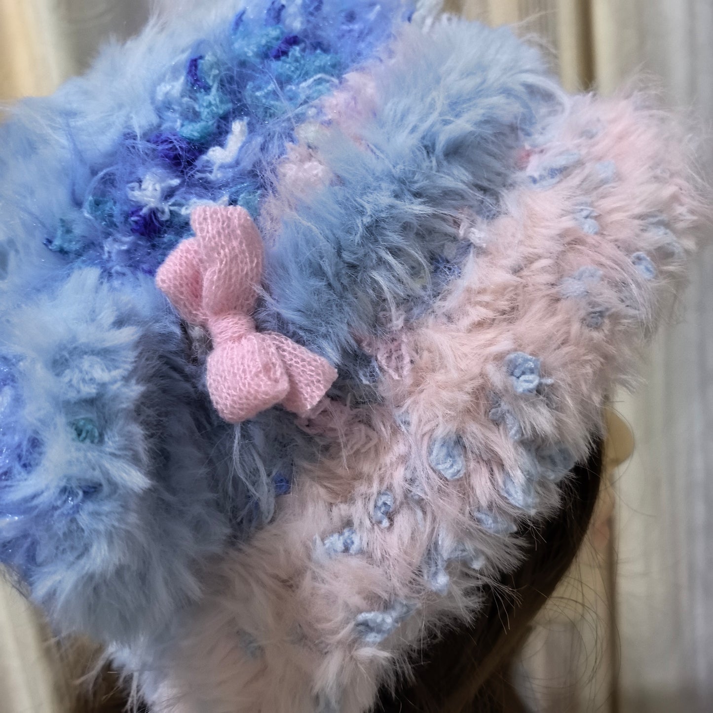 Handmade Lamb Ear Hat - Blue and Pink Fuzzy Jellyfish Beanie - Whimsical Aesthetic Plush Winter Trapper Hat with Long Straps