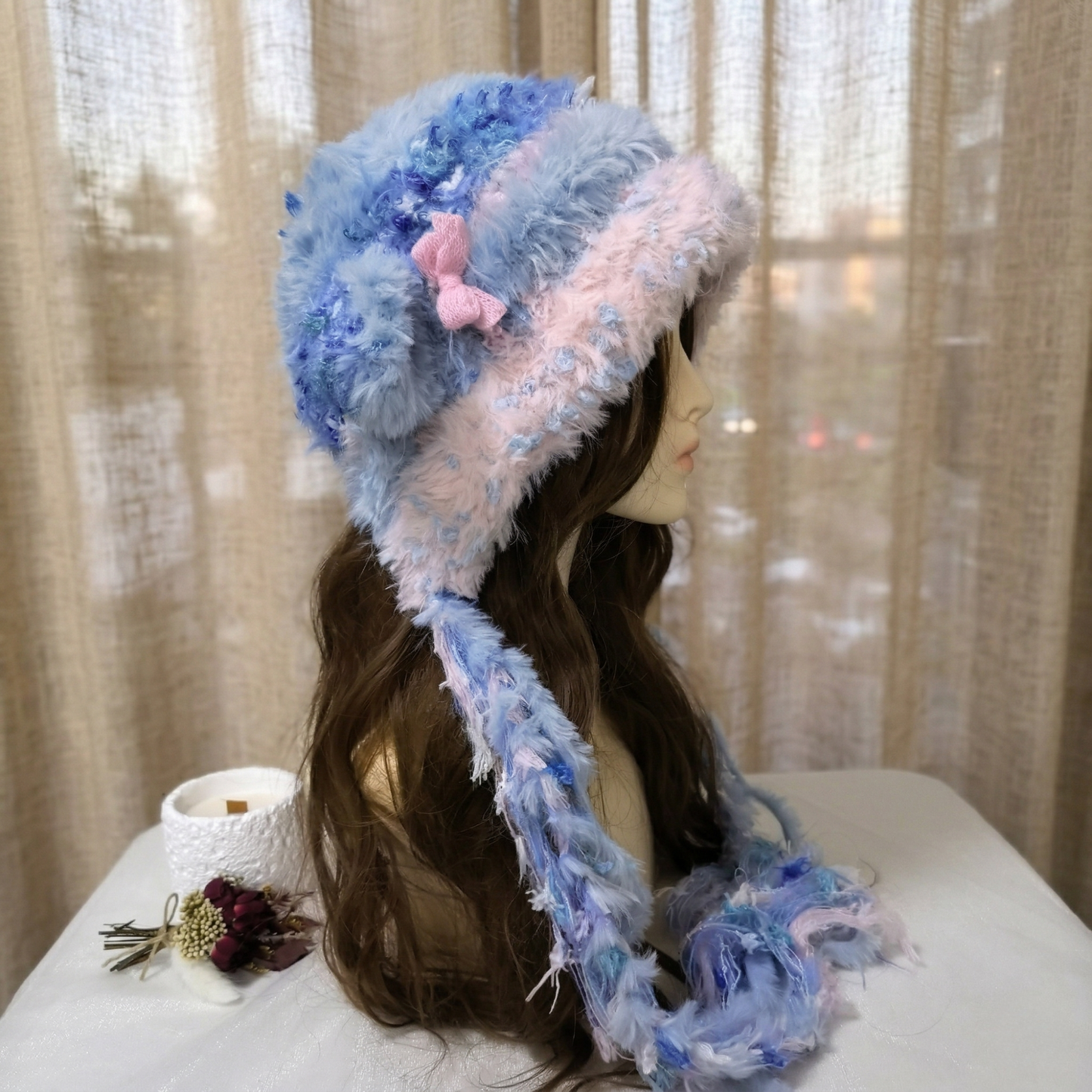 Handmade Lamb Ear Hat - Blue and Pink Fuzzy Jellyfish Beanie - Whimsical Aesthetic Plush Winter Trapper Hat with Long Straps