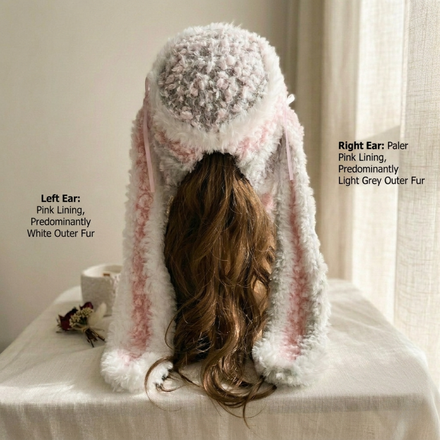 Handmade Kawaii Pink Bunny Ear Knit Beanie - Fuffy Animal Hat with Paw Detail for Women & Teens