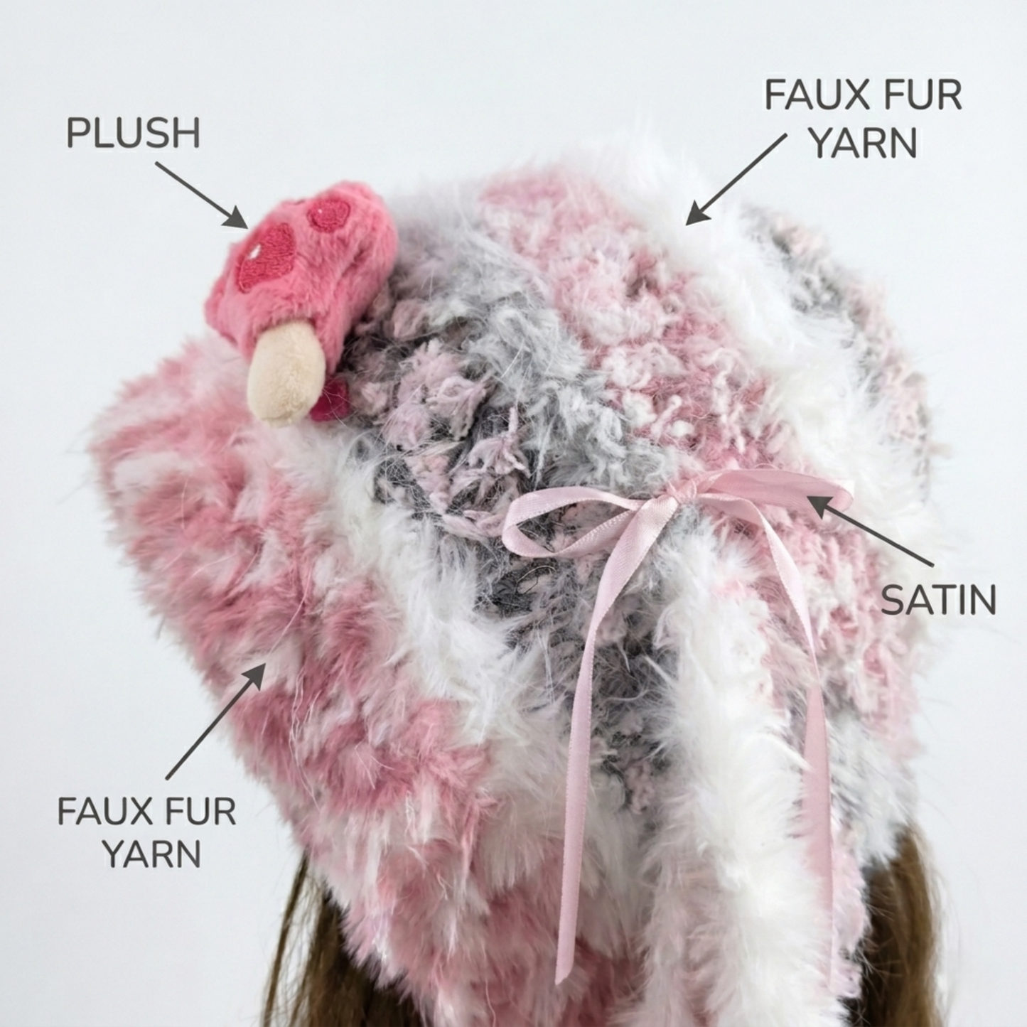 Handmade Kawaii Pink Bunny Ear Knit Beanie - Fuffy Animal Hat with Paw Detail for Women & Teens