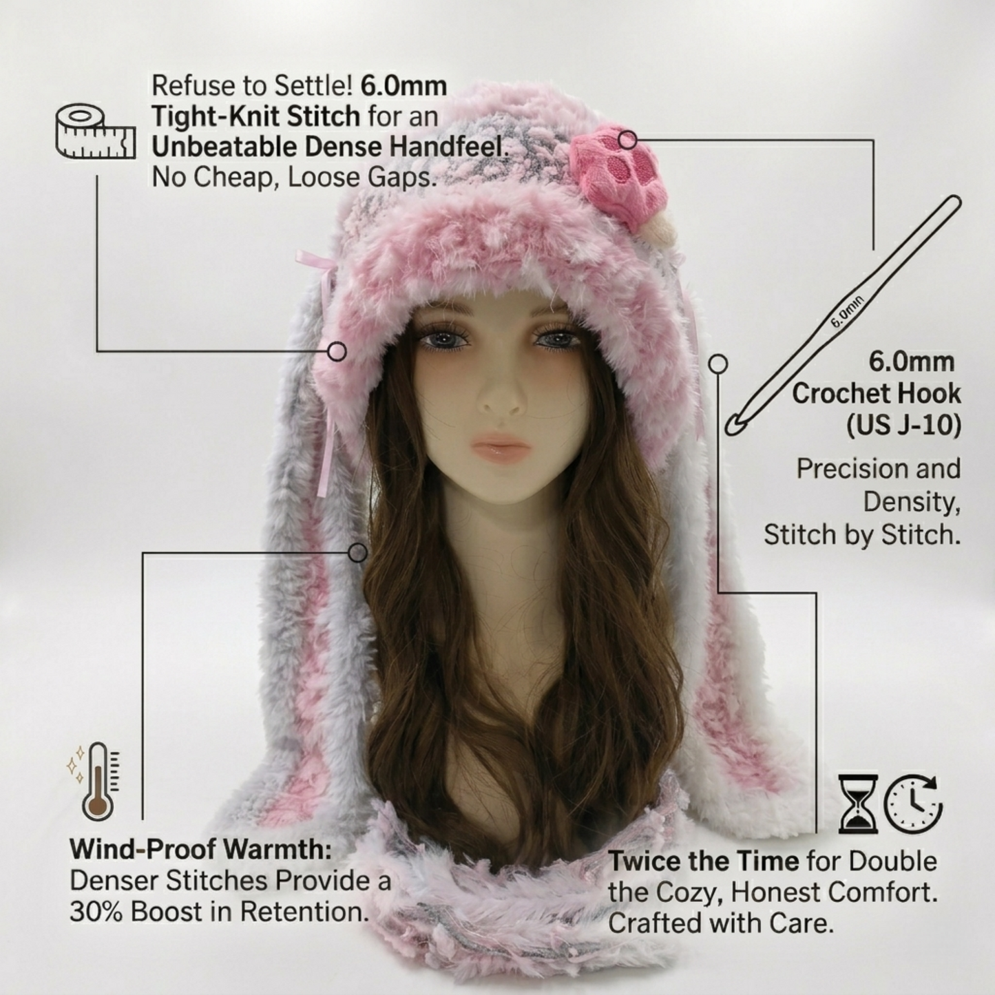 Handmade Kawaii Pink Bunny Ear Knit Beanie - Fuffy Animal Hat with Paw Detail for Women & Teens