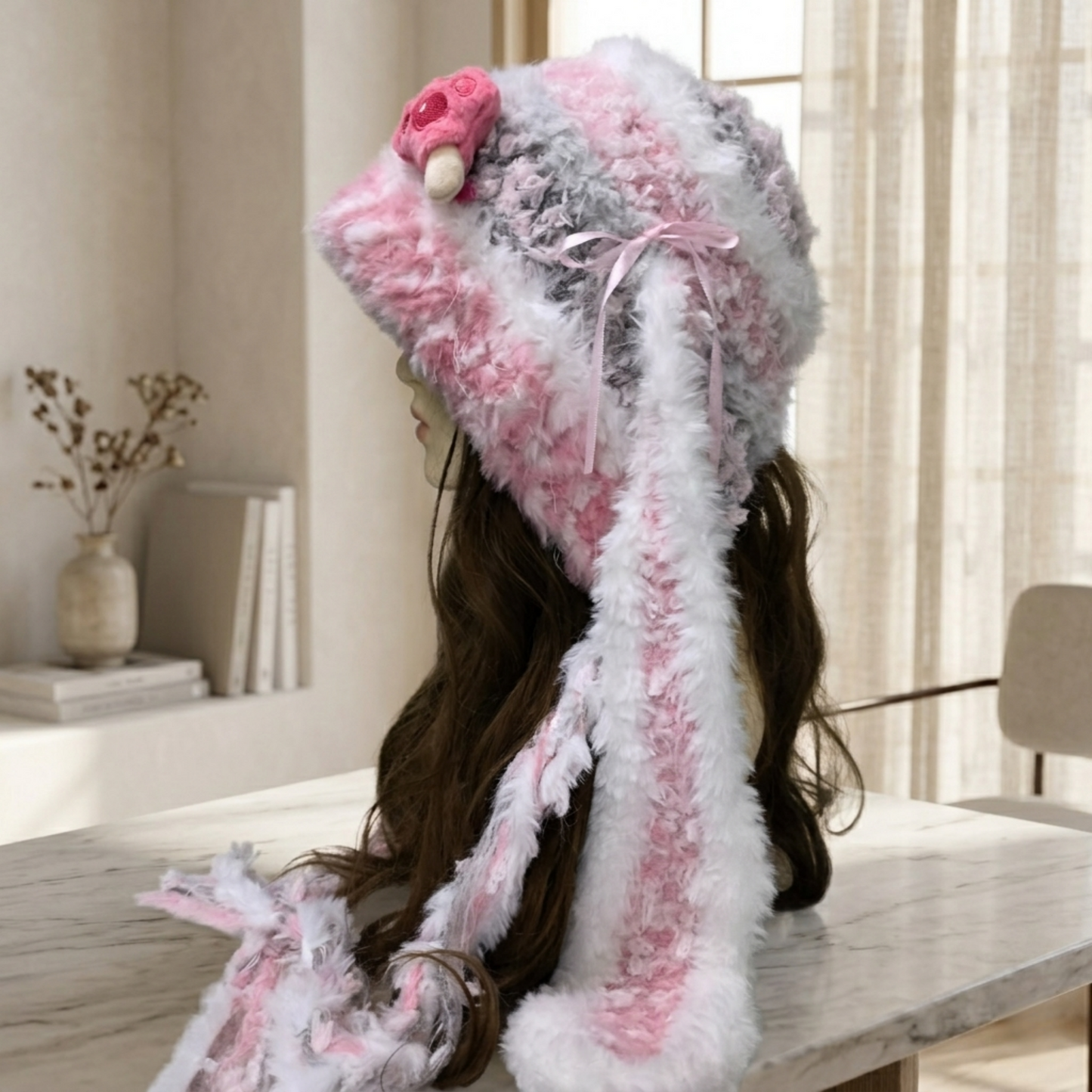 Handmade Kawaii Pink Bunny Ear Knit Beanie - Fuffy Animal Hat with Paw Detail for Women & Teens