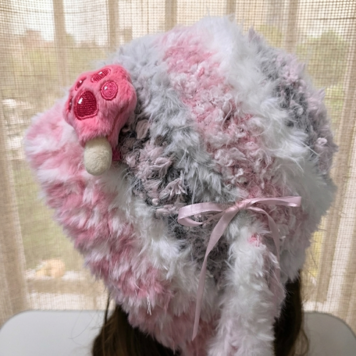 Handmade Kawaii Pink Bunny Ear Knit Beanie - Fuffy Animal Hat with Paw Detail for Women & Teens