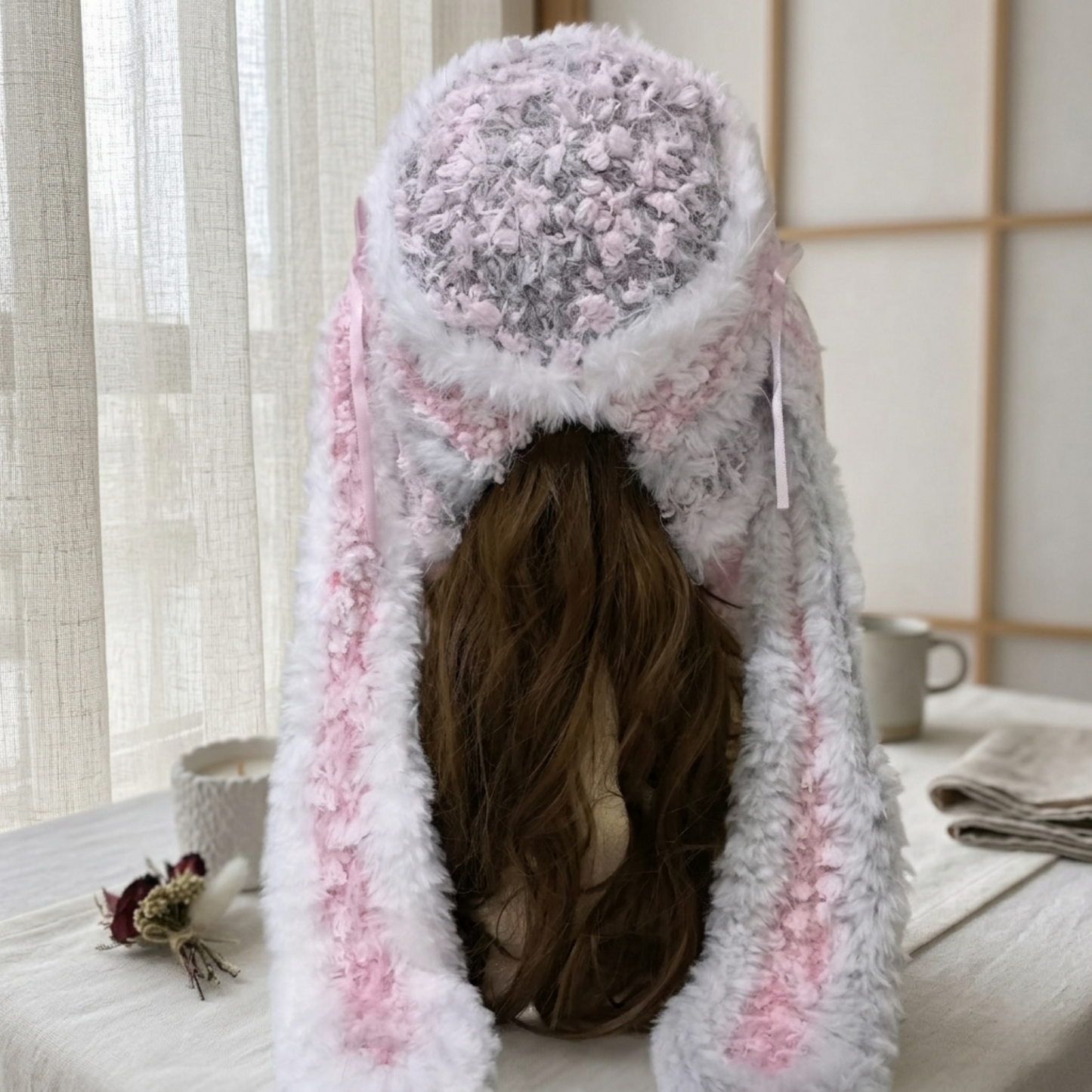 Handmade Kawaii Pink Bunny Ear Knit Beanie - Fuffy Animal Hat with Paw Detail for Women & Teens