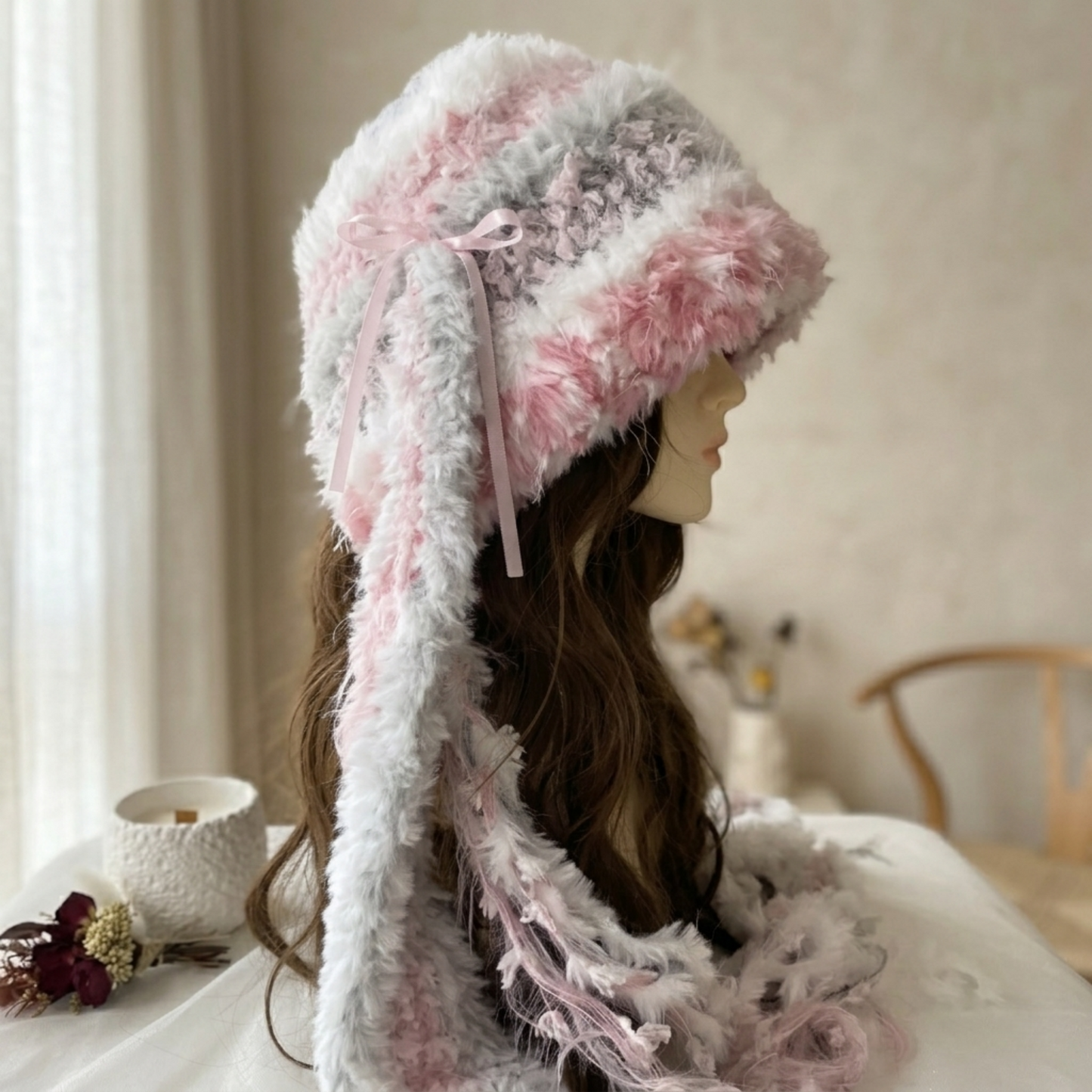 Handmade Kawaii Pink Bunny Ear Knit Beanie - Fuffy Animal Hat with Paw Detail for Women & Teens