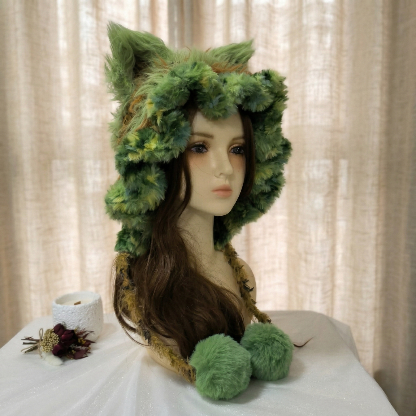 Handmade Forest Green Fox Ear Knit Beanie - Fluffy Mossy Animal Trapper Hat with Pom Poms for Women