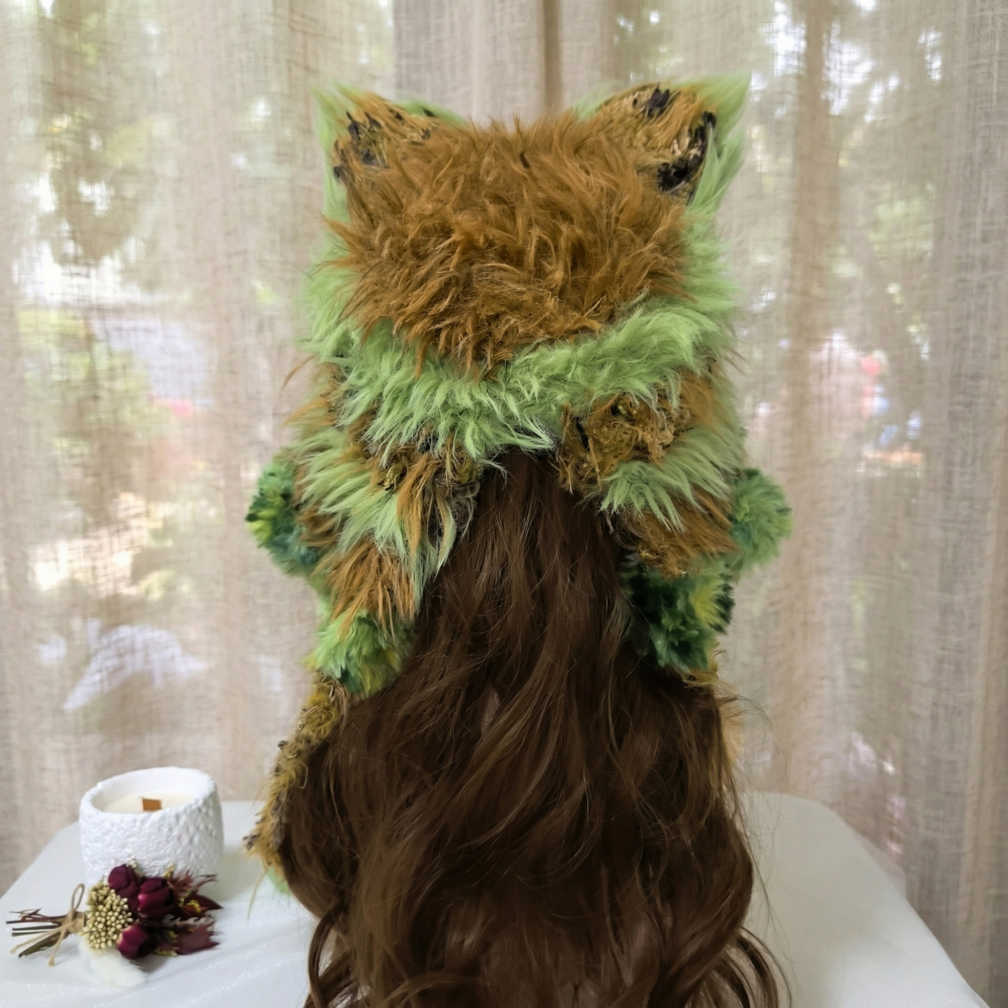 Handmade Forest Green Fox Ear Knit Beanie - Fluffy Mossy Animal Trapper Hat with Pom Poms for Women