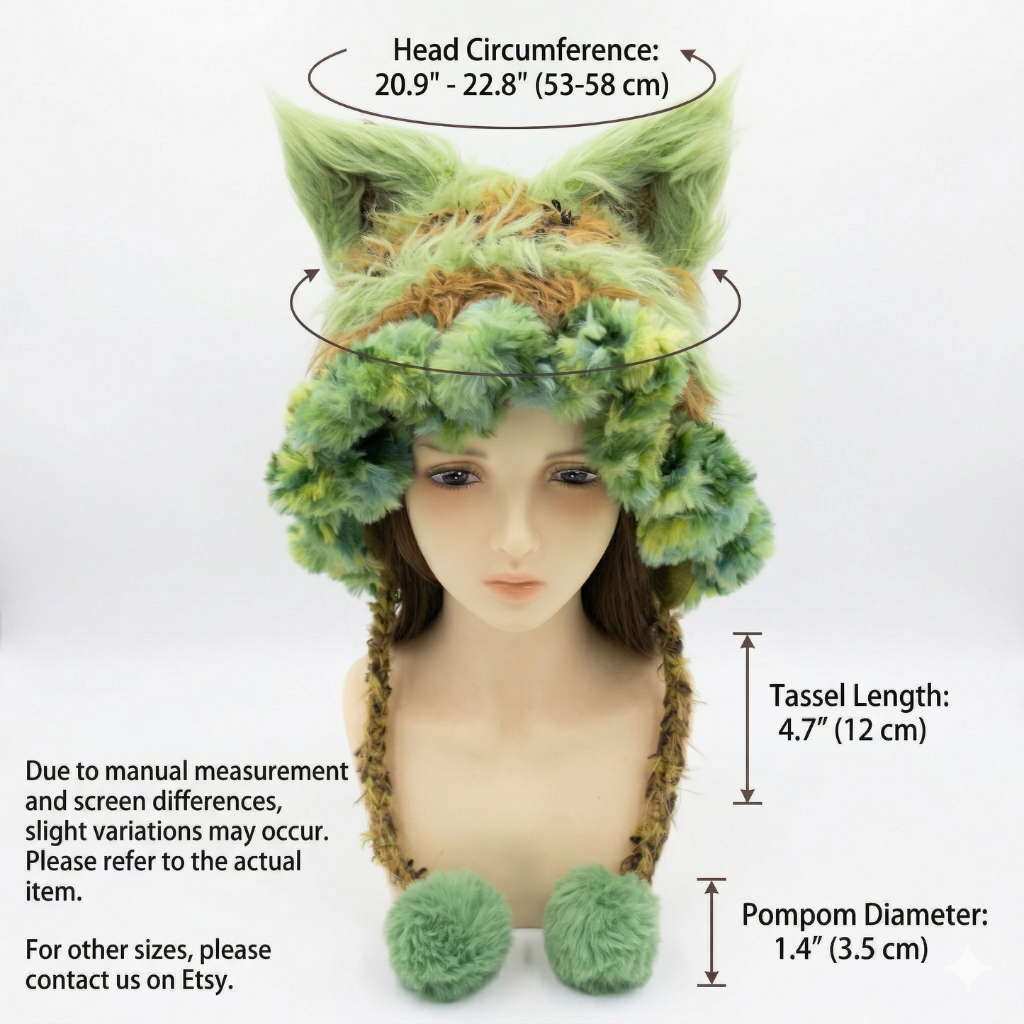 Handmade Forest Green Fox Ear Knit Beanie - Fluffy Mossy Animal Trapper Hat with Pom Poms for Women