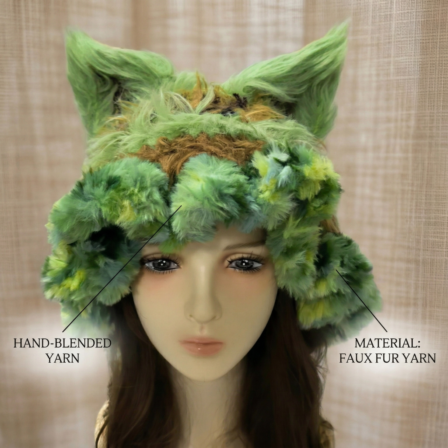 Handmade Forest Green Fox Ear Knit Beanie - Fluffy Mossy Animal Trapper Hat with Pom Poms for Women