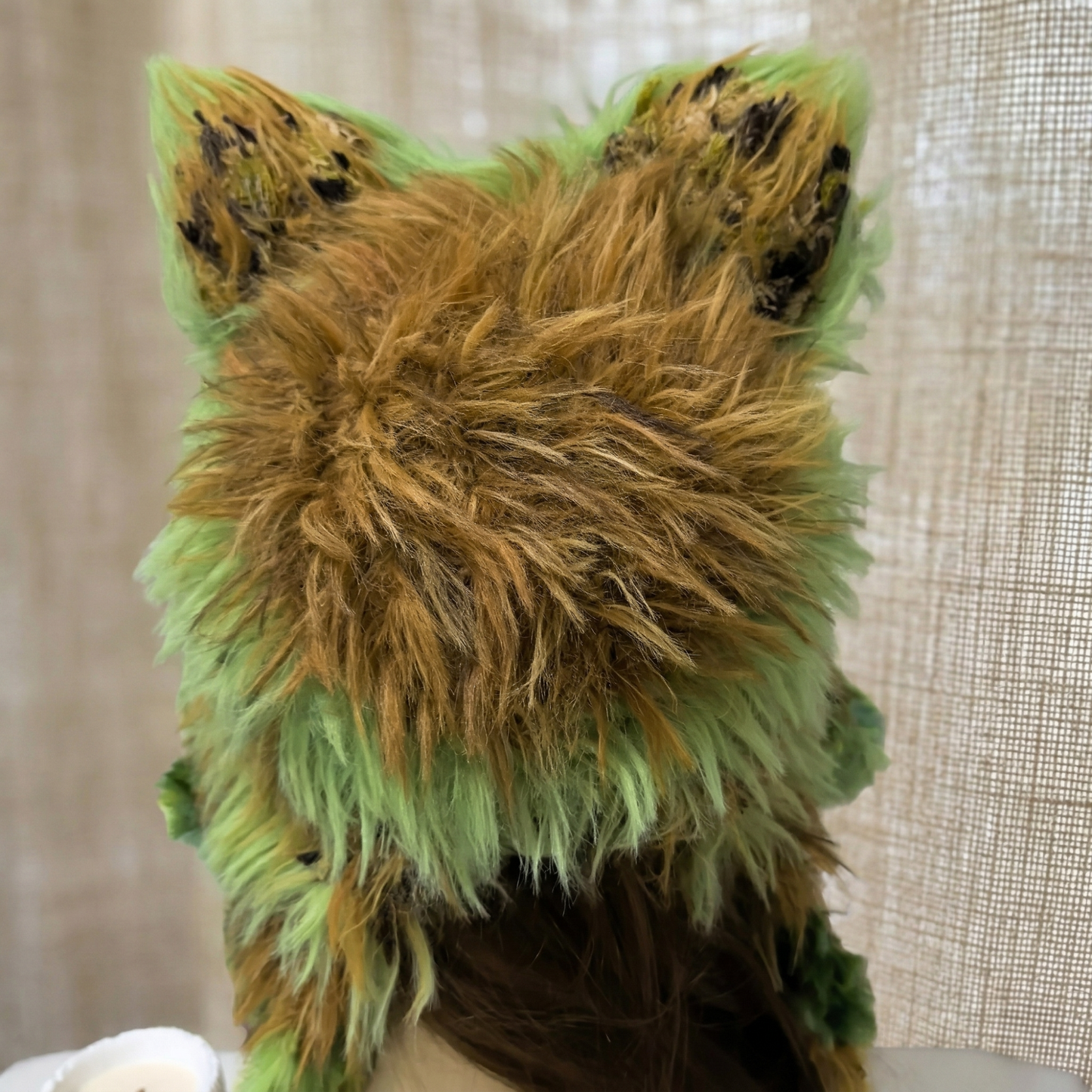 Handmade Forest Green Fox Ear Knit Beanie - Fluffy Mossy Animal Trapper Hat with Pom Poms for Women