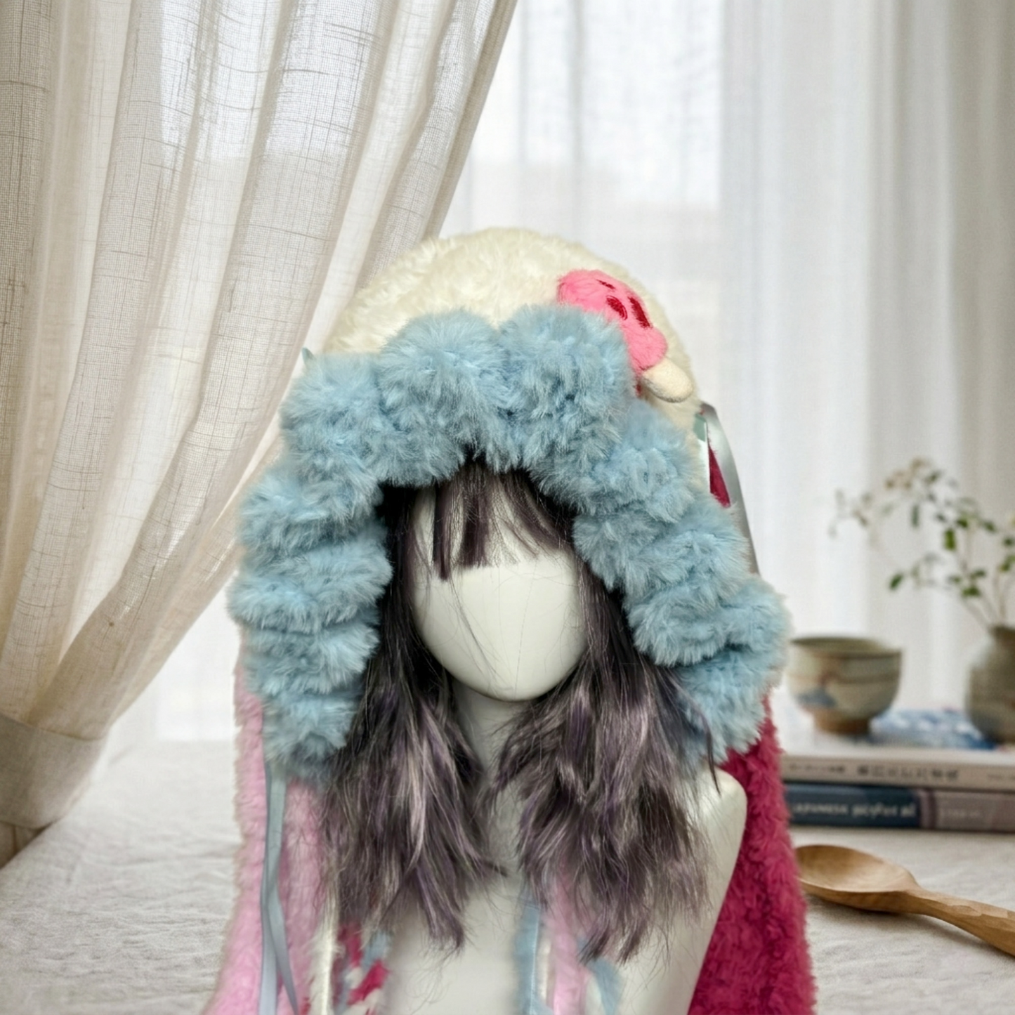 Handmade Kawaii Jellyfish Bunny Ear Beanie - Fluffy Pastel Blue & Pink Plush Animal Hat for Women