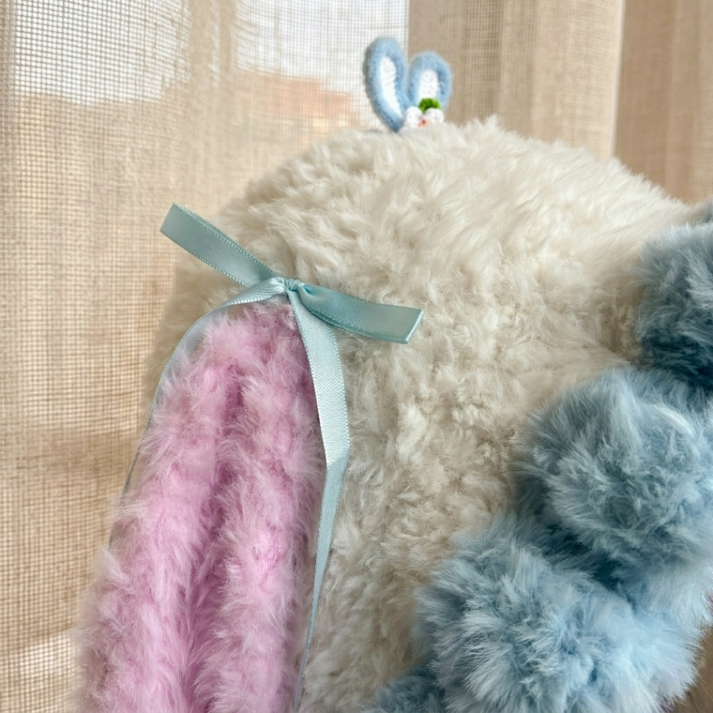 Handmade Kawaii Jellyfish Bunny Ear Beanie - Fluffy Pastel Blue & Pink Plush Animal Hat for Women