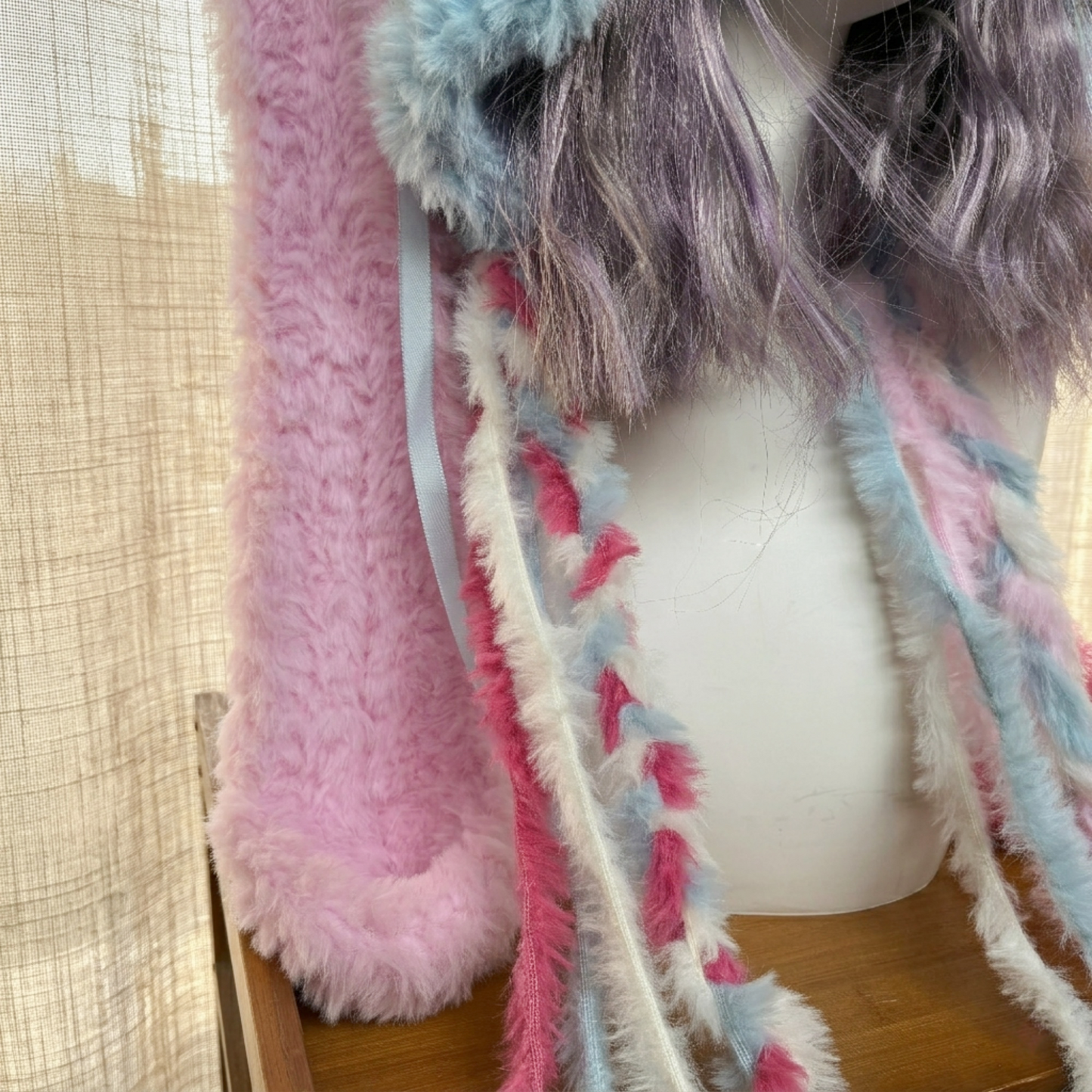 Handmade Kawaii Jellyfish Bunny Ear Beanie - Fluffy Pastel Blue & Pink Plush Animal Hat for Women