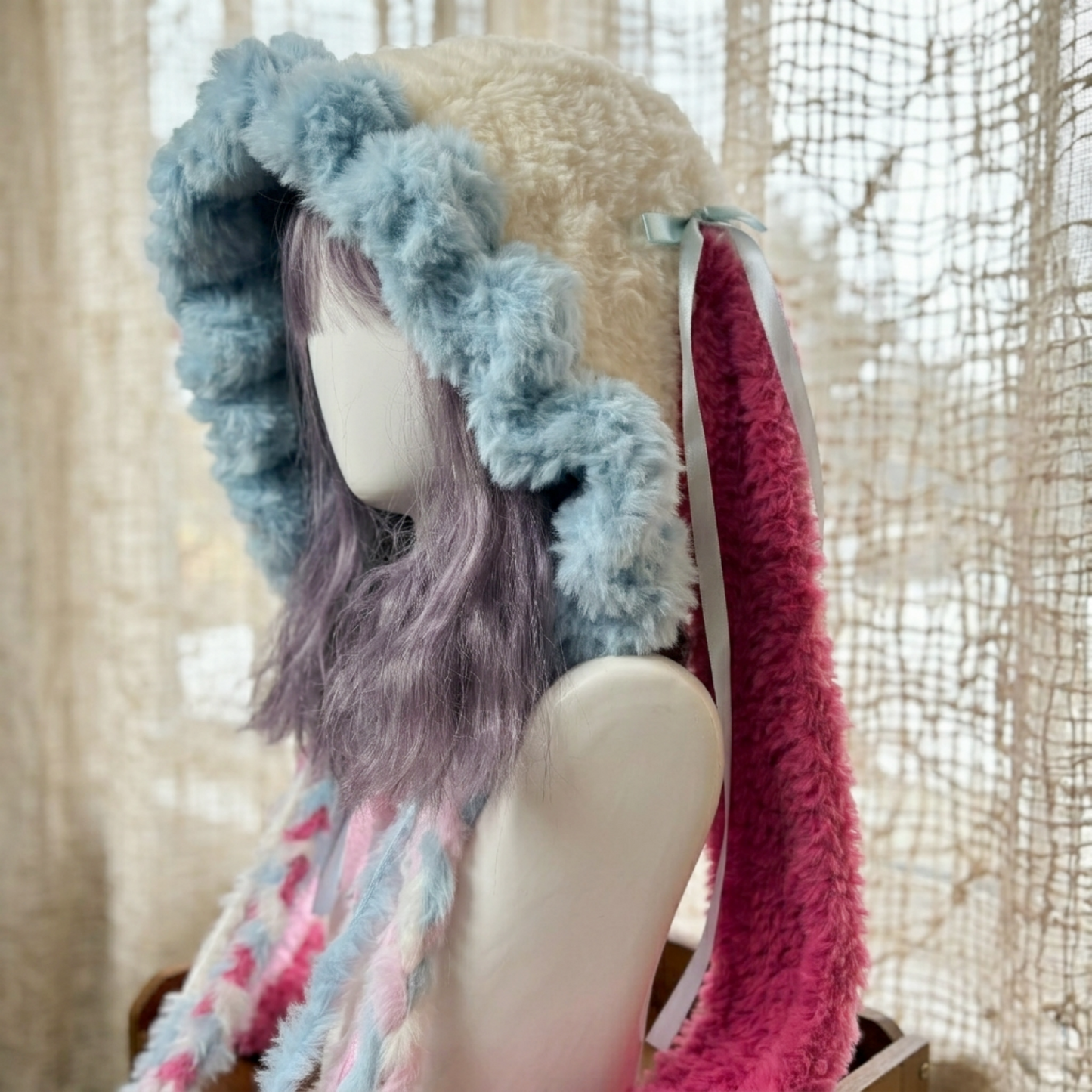Handmade Kawaii Jellyfish Bunny Ear Beanie - Fluffy Pastel Blue & Pink Plush Animal Hat for Women