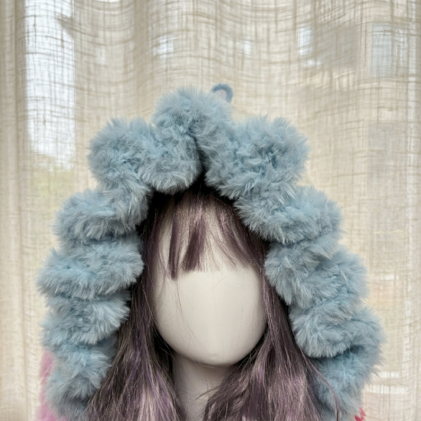 Handmade Kawaii Jellyfish Bunny Ear Beanie - Fluffy Pastel Blue & Pink Plush Animal Hat for Women