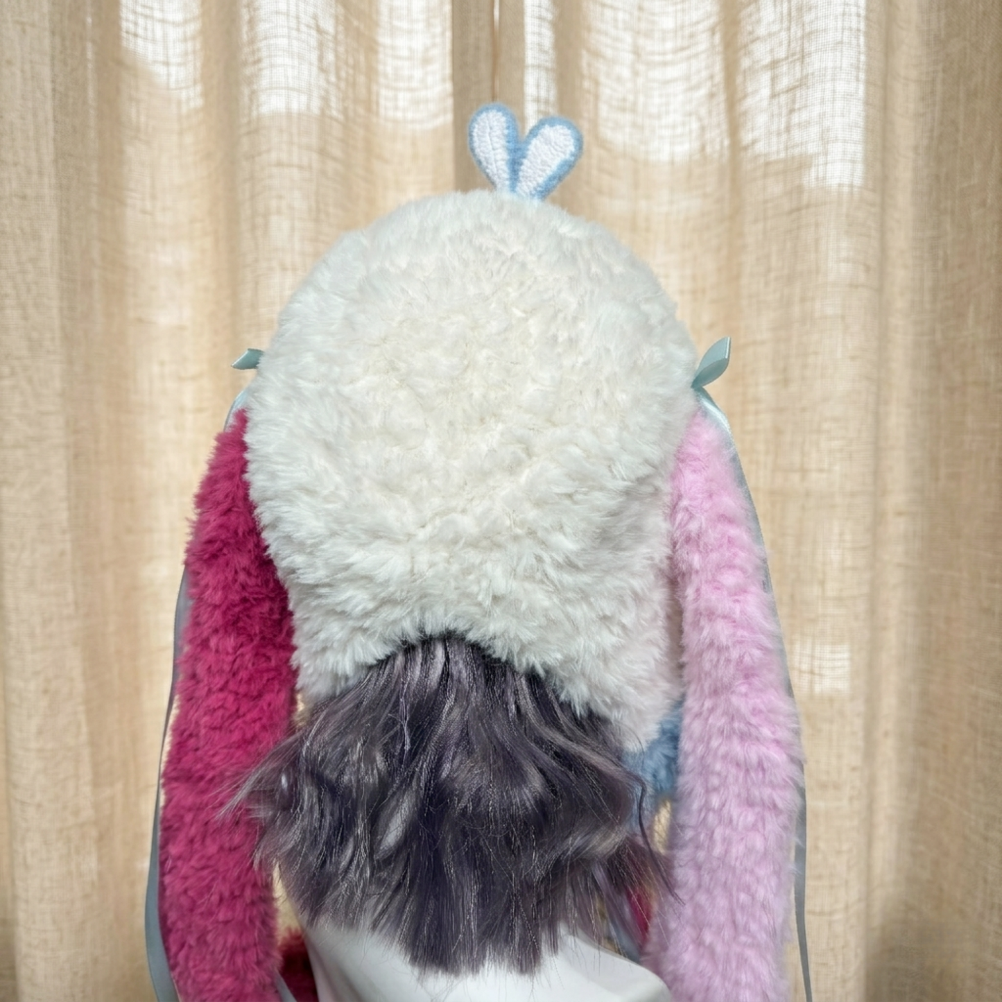 Handmade Kawaii Jellyfish Bunny Ear Beanie - Fluffy Pastel Blue & Pink Plush Animal Hat for Women