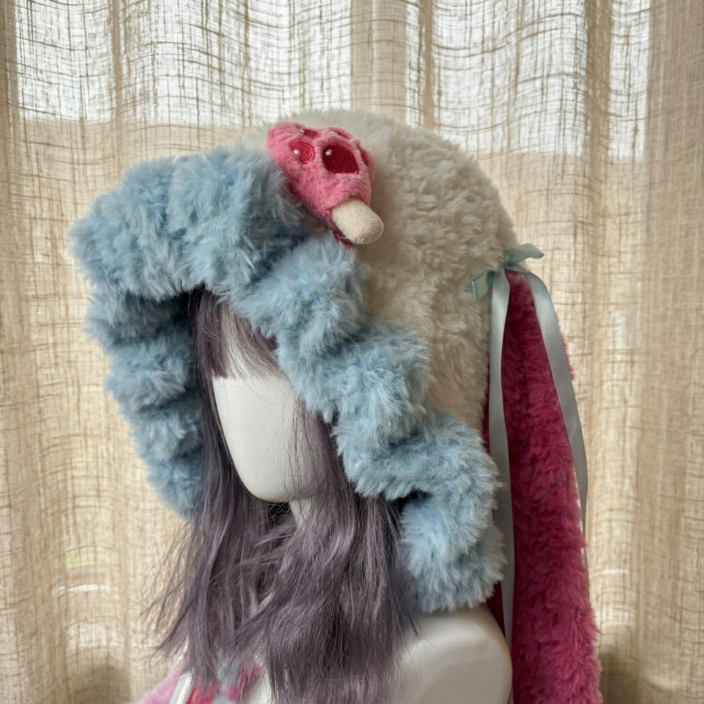 Handmade Kawaii Jellyfish Bunny Ear Beanie - Fluffy Pastel Blue & Pink Plush Animal Hat for Women