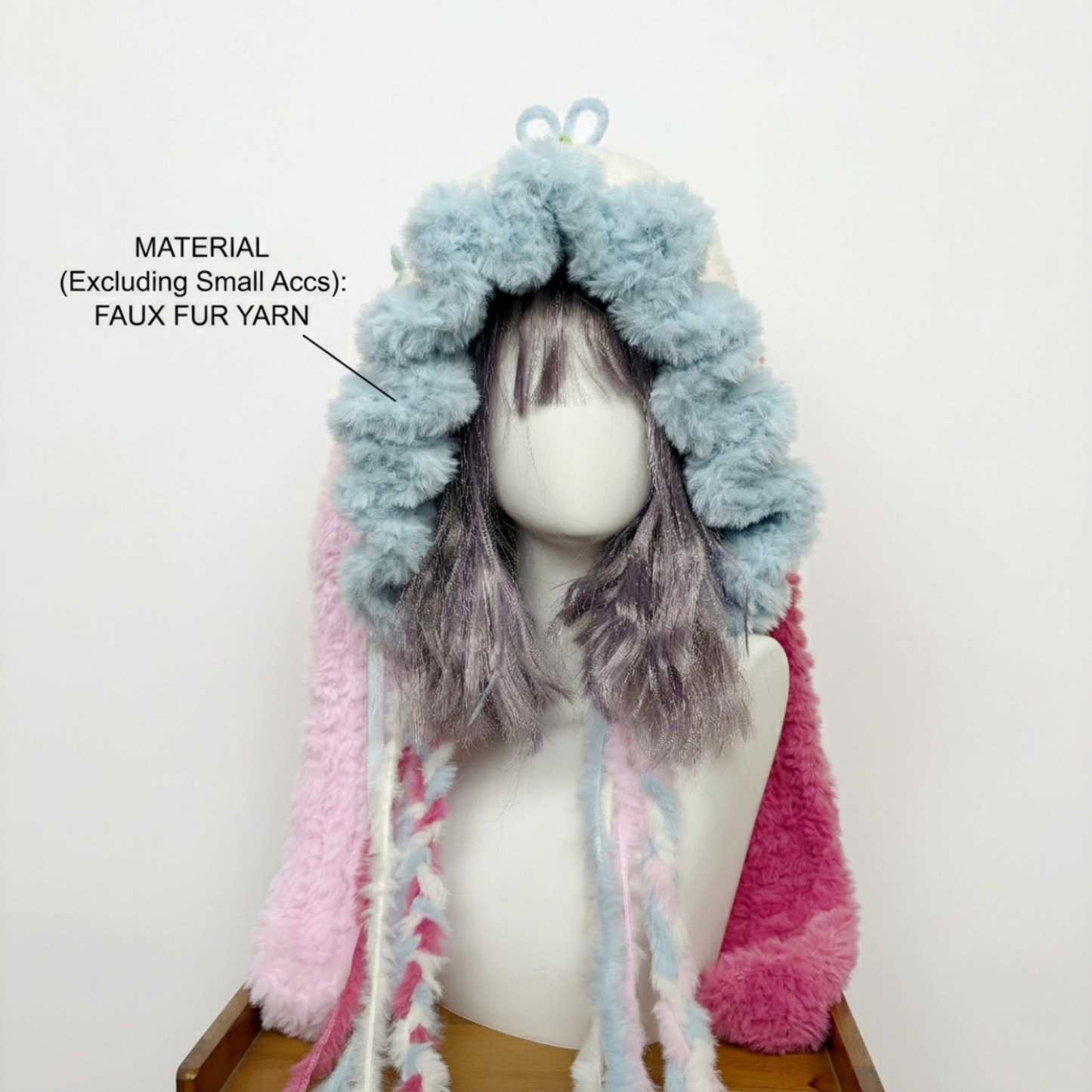 Handmade Kawaii Jellyfish Bunny Ear Beanie - Fluffy Pastel Blue & Pink Plush Animal Hat for Women