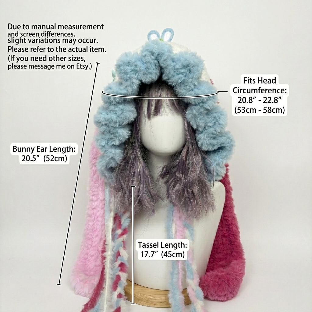 Handmade Kawaii Jellyfish Bunny Ear Beanie - Fluffy Pastel Blue & Pink Plush Animal Hat for Women