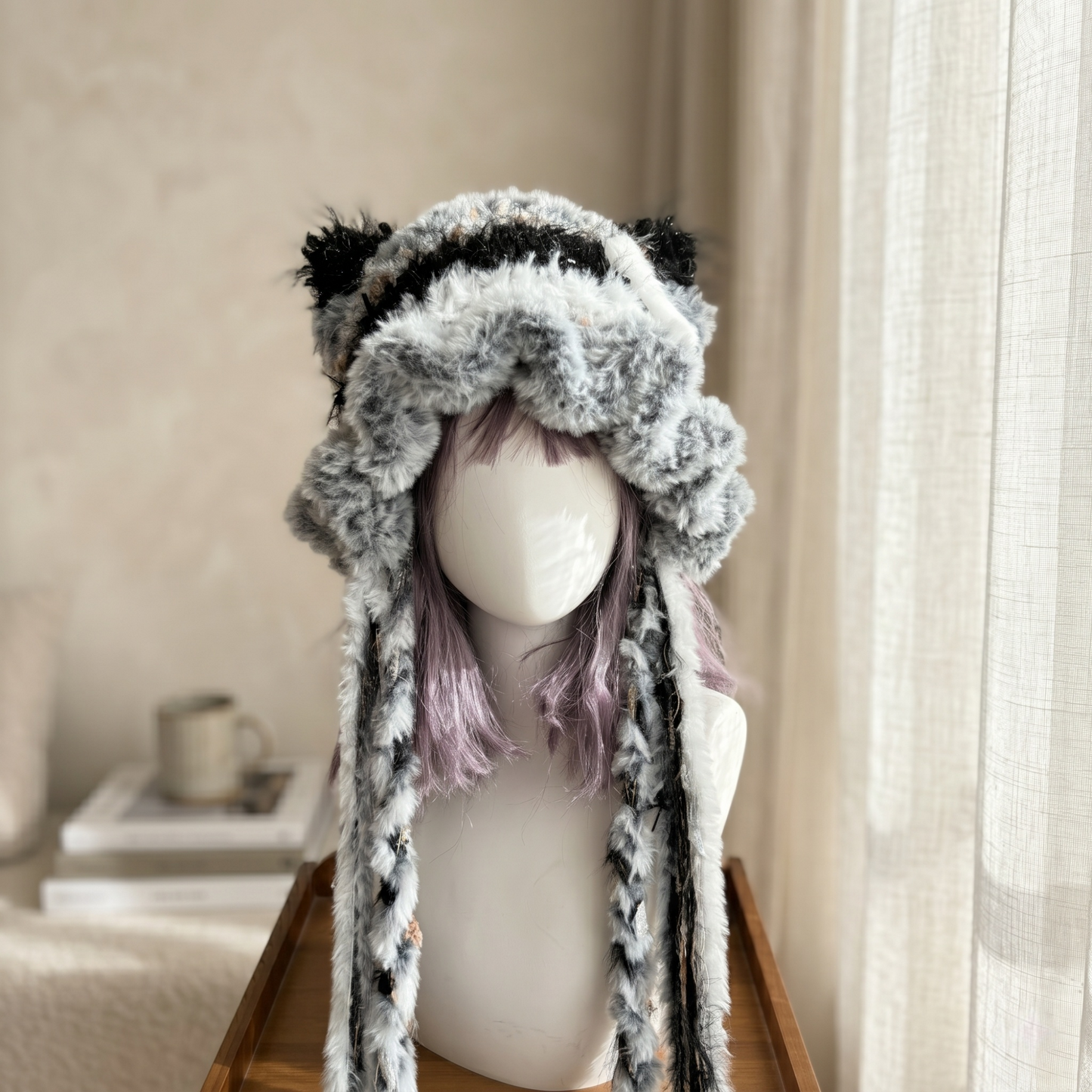 Handmade Black and White Cat Ear Hat - Shaggy Faux Fur Jellyfish Beanie with Long Tassels - Cyber Y2K Aesthetic Plush Winter Accessory