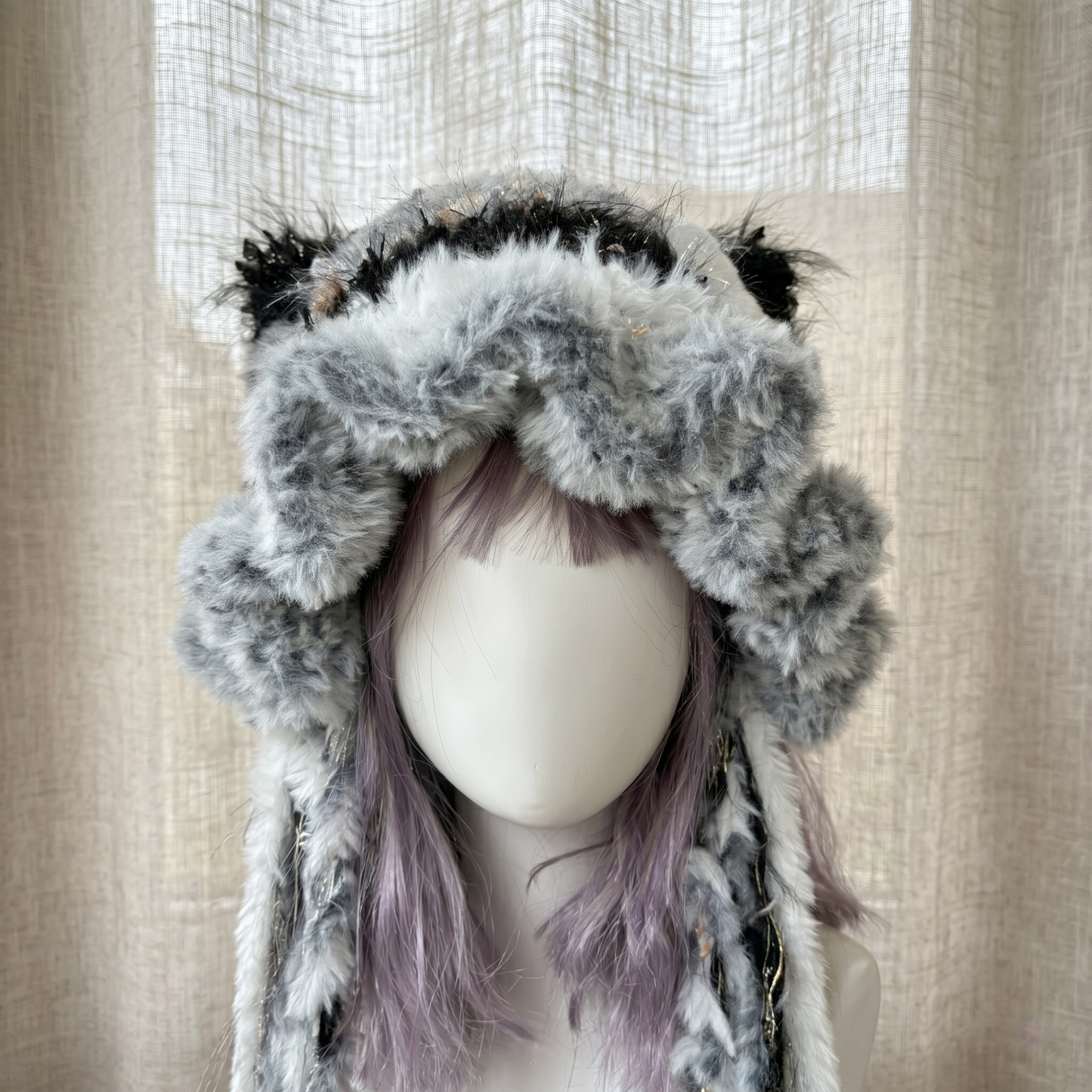 Handmade Black and White Cat Ear Hat - Shaggy Faux Fur Jellyfish Beanie with Long Tassels - Cyber Y2K Aesthetic Plush Winter Accessory