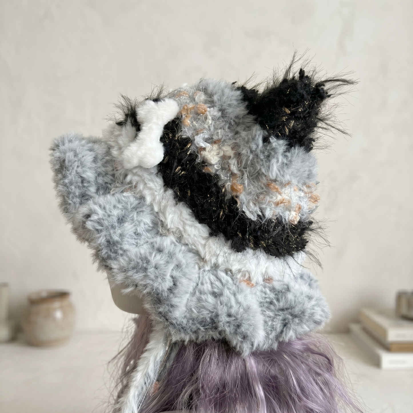 Handmade Black and White Cat Ear Hat - Shaggy Faux Fur Jellyfish Beanie with Long Tassels - Cyber Y2K Aesthetic Plush Winter Accessory