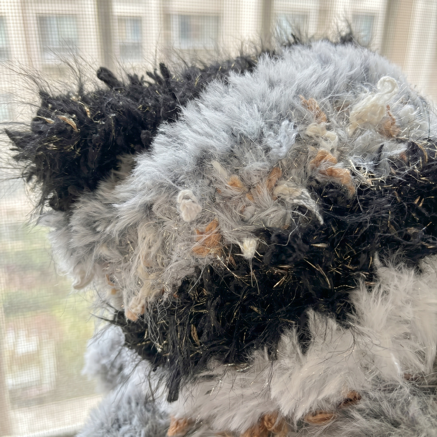 Handmade Black and White Cat Ear Hat - Shaggy Faux Fur Jellyfish Beanie with Long Tassels - Cyber Y2K Aesthetic Plush Winter Accessory