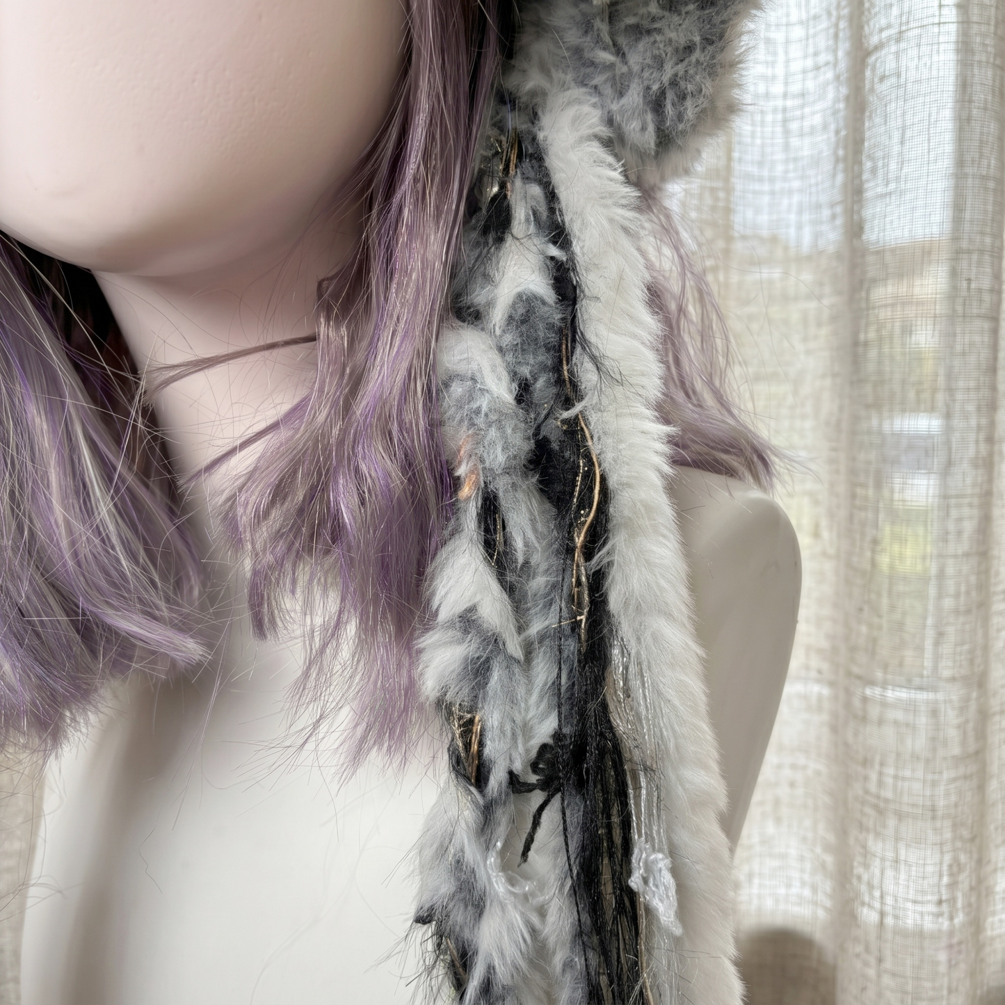Handmade Black and White Cat Ear Hat - Shaggy Faux Fur Jellyfish Beanie with Long Tassels - Cyber Y2K Aesthetic Plush Winter Accessory