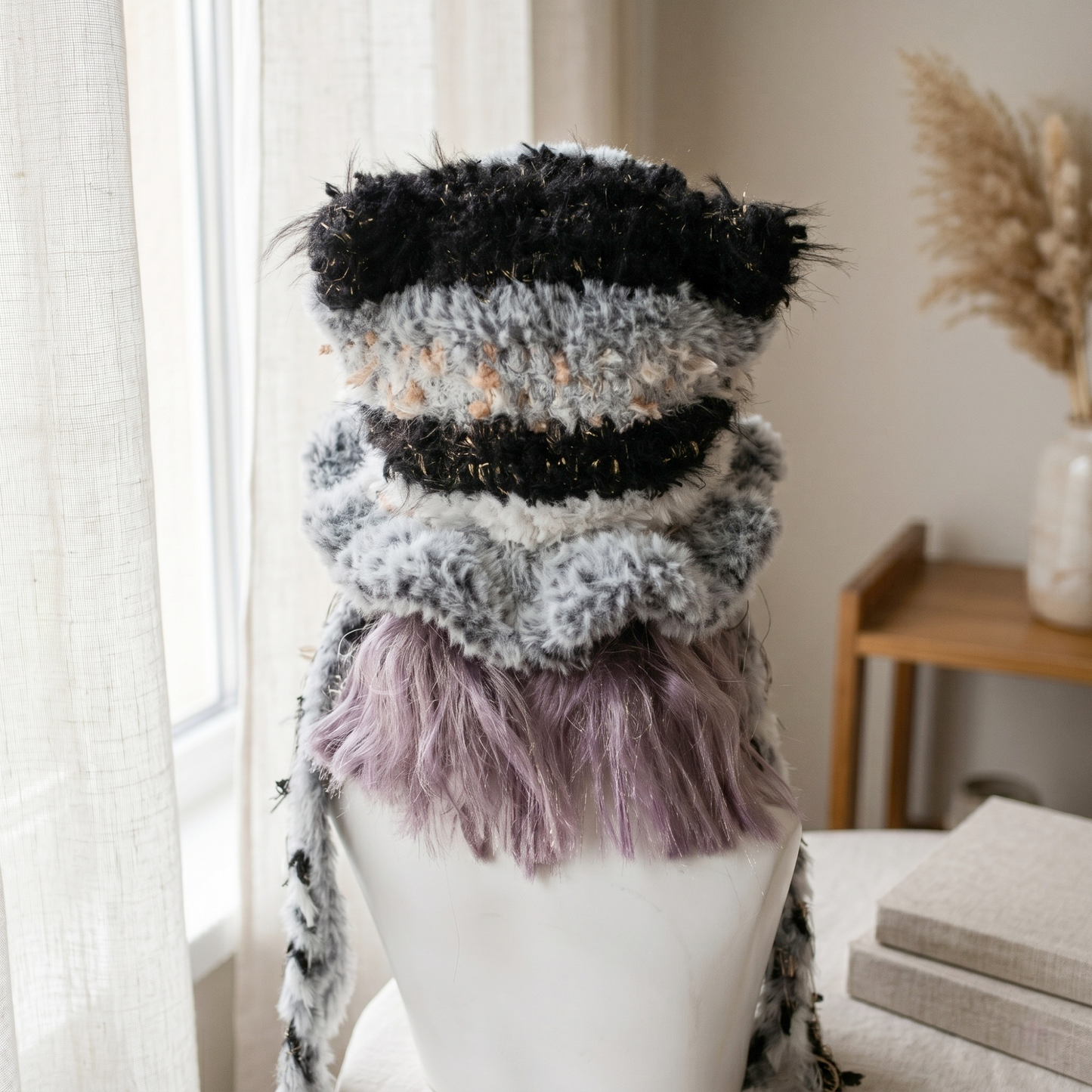Handmade Black and White Cat Ear Hat - Shaggy Faux Fur Jellyfish Beanie with Long Tassels - Cyber Y2K Aesthetic Plush Winter Accessory