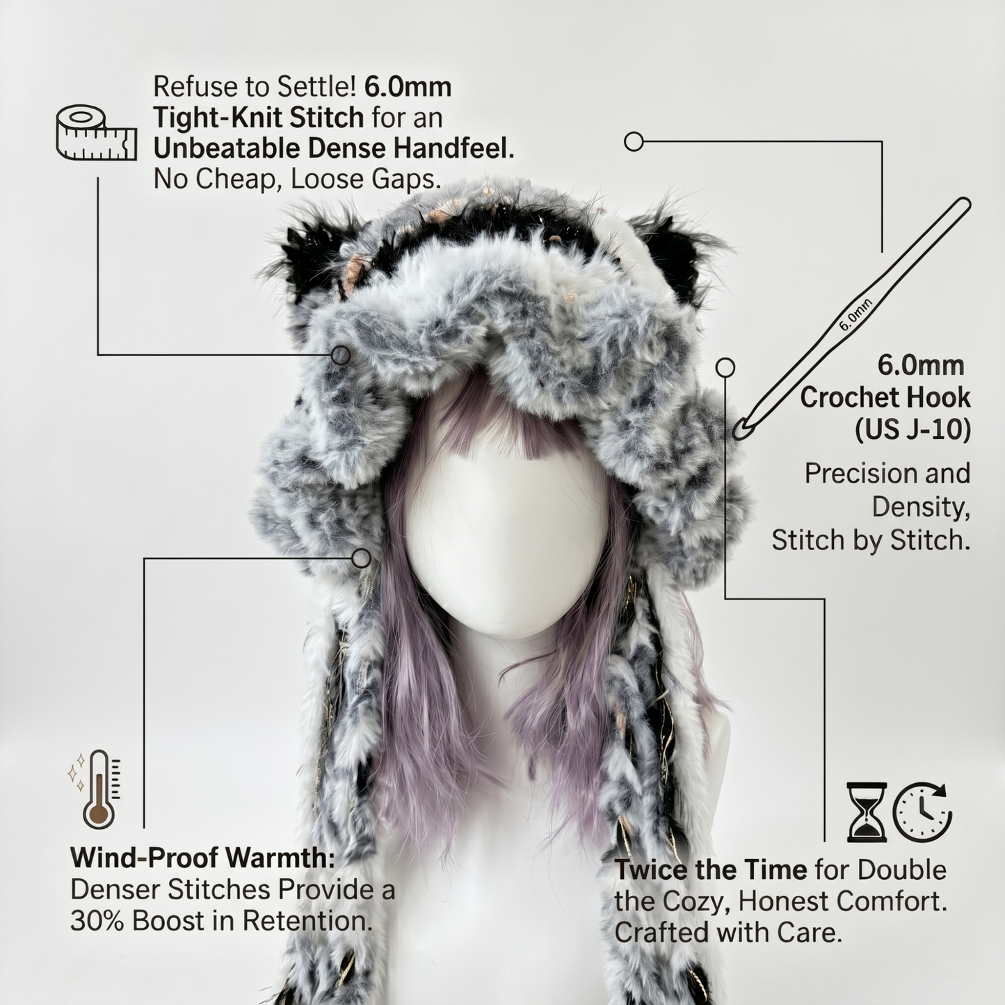 Handmade Black and White Cat Ear Hat - Shaggy Faux Fur Jellyfish Beanie with Long Tassels - Cyber Y2K Aesthetic Plush Winter Accessory