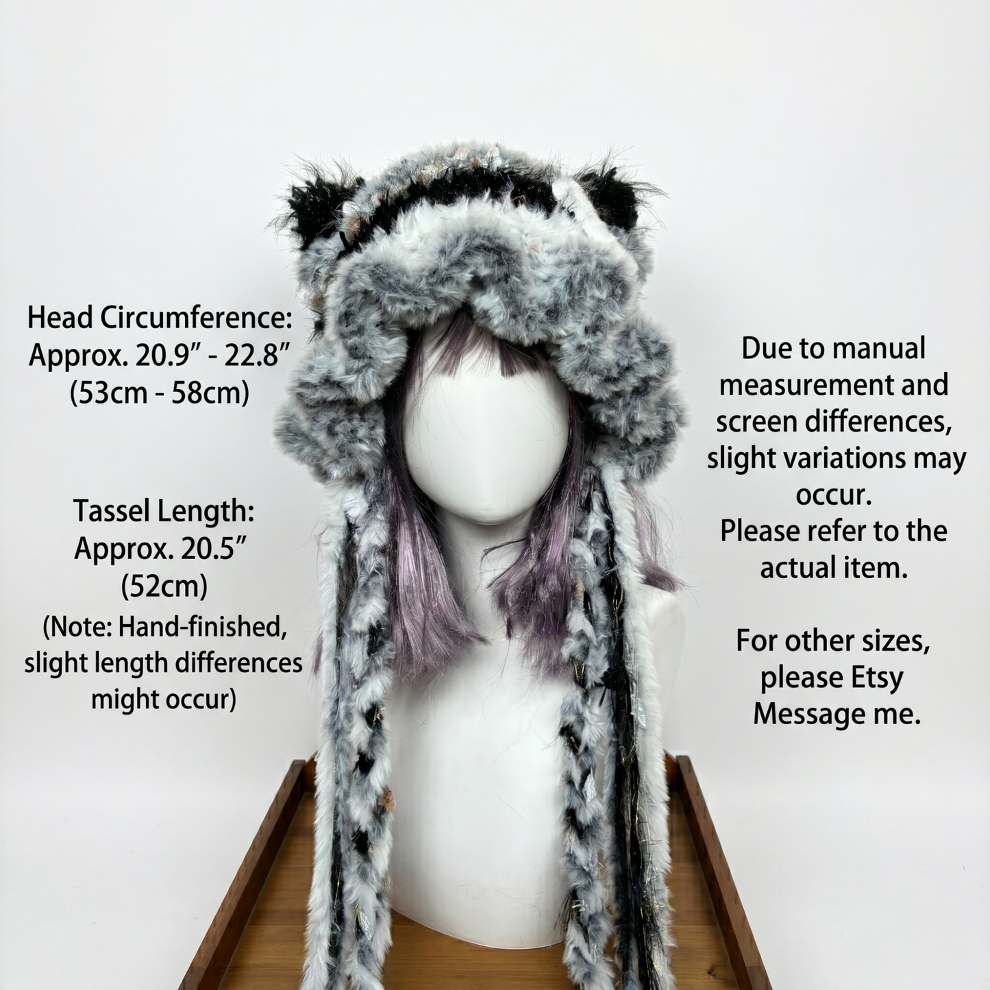 Handmade Black and White Cat Ear Hat - Shaggy Faux Fur Jellyfish Beanie with Long Tassels - Cyber Y2K Aesthetic Plush Winter Accessory
