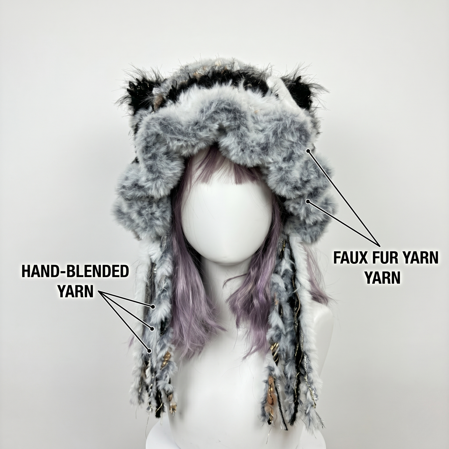 Handmade Black and White Cat Ear Hat - Shaggy Faux Fur Jellyfish Beanie with Long Tassels - Cyber Y2K Aesthetic Plush Winter Accessory