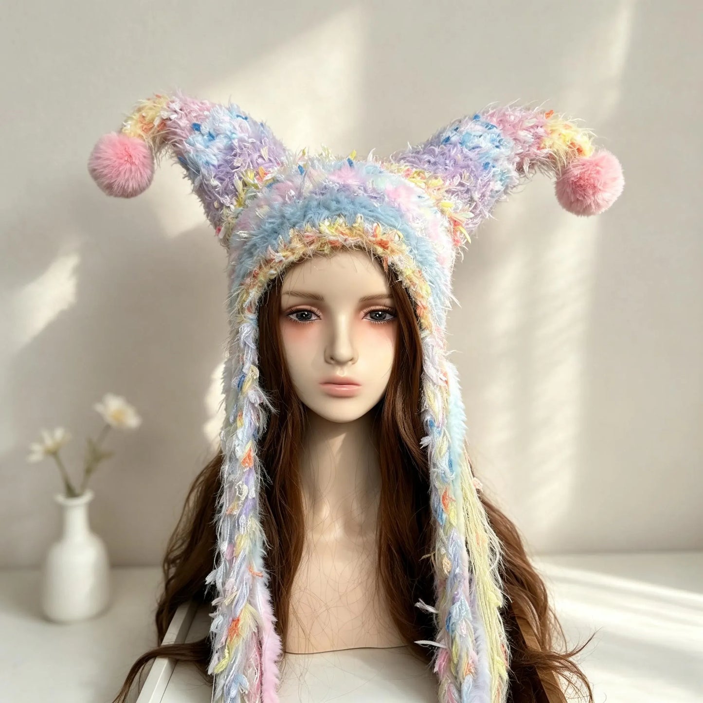 Handmade Pastel Fuzzy Jester Hat with Pom Poms