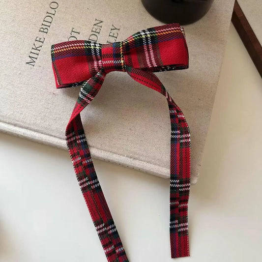 British Autumn Plaid Ribbon Bow Hairclip for Women | Retro Elegant Bowknot Barrette for Half-Up Styles | Preppy Aesthetic Hair Accessories
