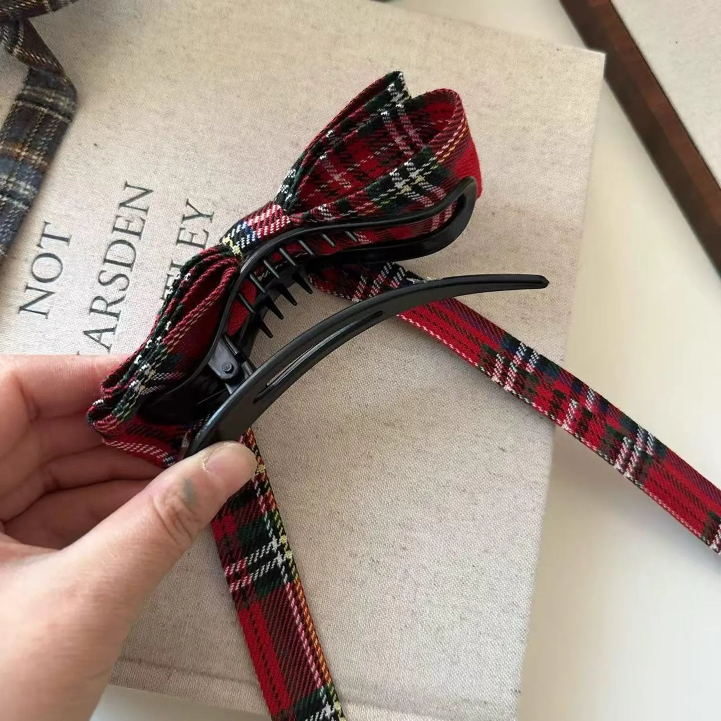 British Autumn Plaid Ribbon Bow Hairclip for Women | Retro Elegant Bowknot Barrette for Half-Up Styles | Preppy Aesthetic Hair Accessories