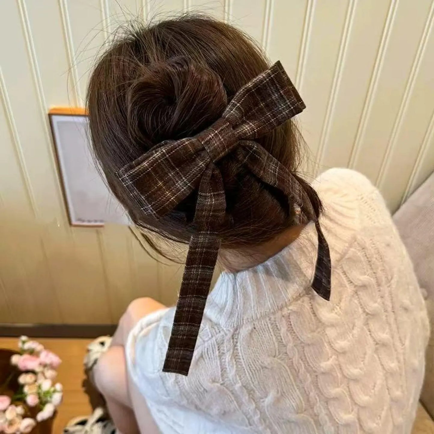British Autumn Plaid Ribbon Bow Hairclip for Women | Retro Elegant Bowknot Barrette for Half-Up Styles | Preppy Aesthetic Hair Accessories
