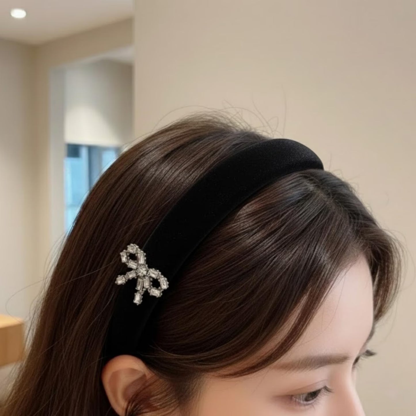 French Chic Velvet Padded Headband with Crystal Bow Accent in Burgundy & Noir Black