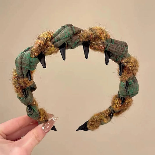 Effortless Chic Chunky Plaid Braided Headband in Oolong Tea & Lemon Tree, Voluminous Padded Hairband with Hidden Teeth – YUDI VAULT