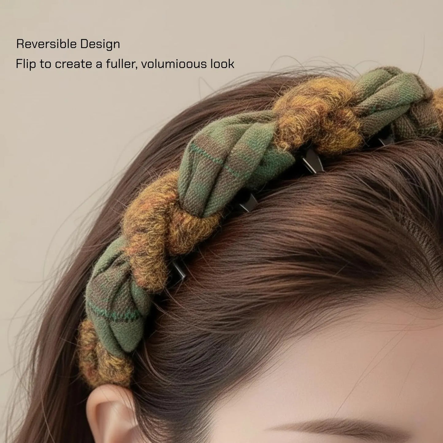 Effortless Chic Chunky Plaid Braided Headband in Oolong Tea & Lemon Tree, Voluminous Padded Hairband with Hidden Teeth – YUDI VAULT