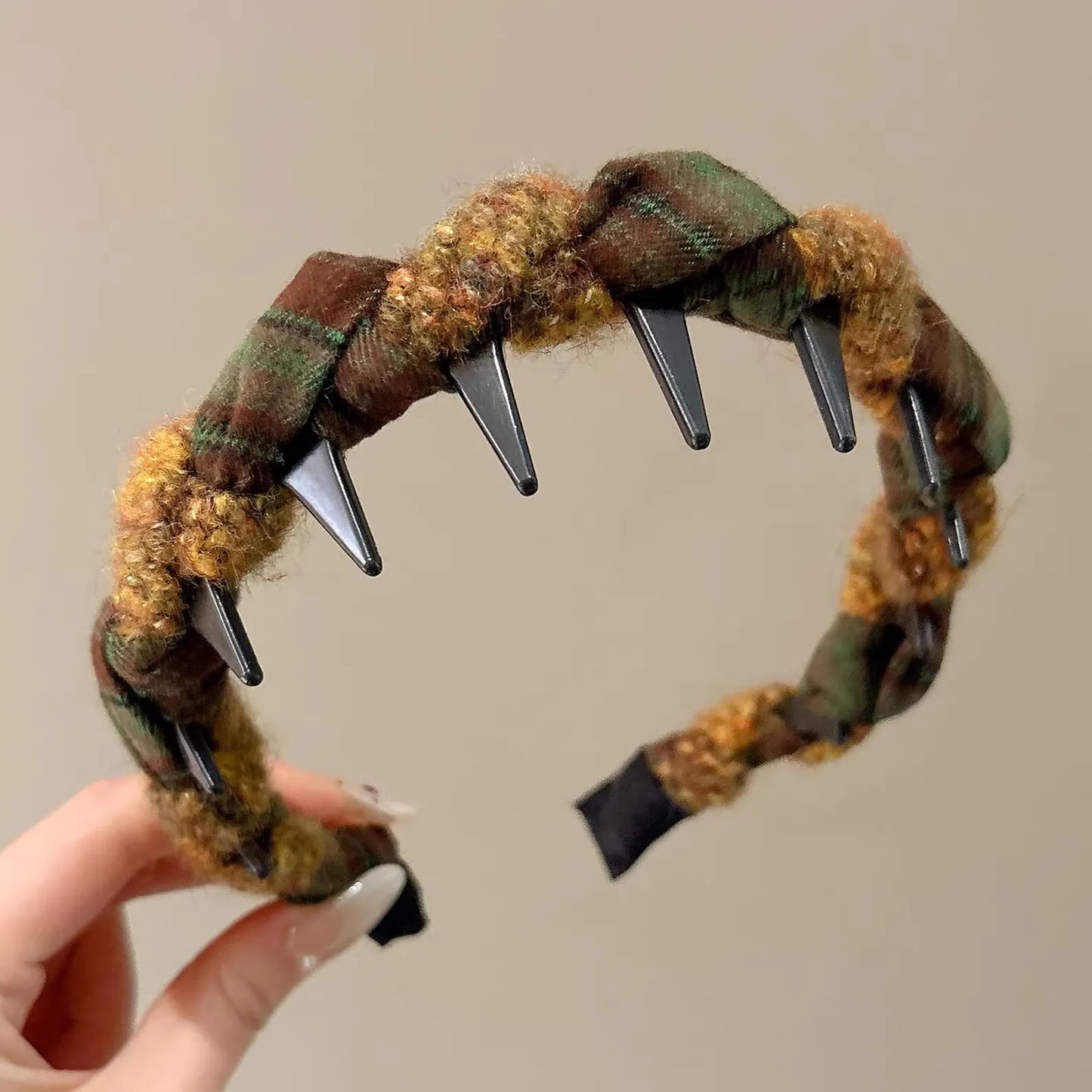 Effortless Chic Chunky Plaid Braided Headband in Oolong Tea & Lemon Tree, Voluminous Padded Hairband with Hidden Teeth – YUDI VAULT