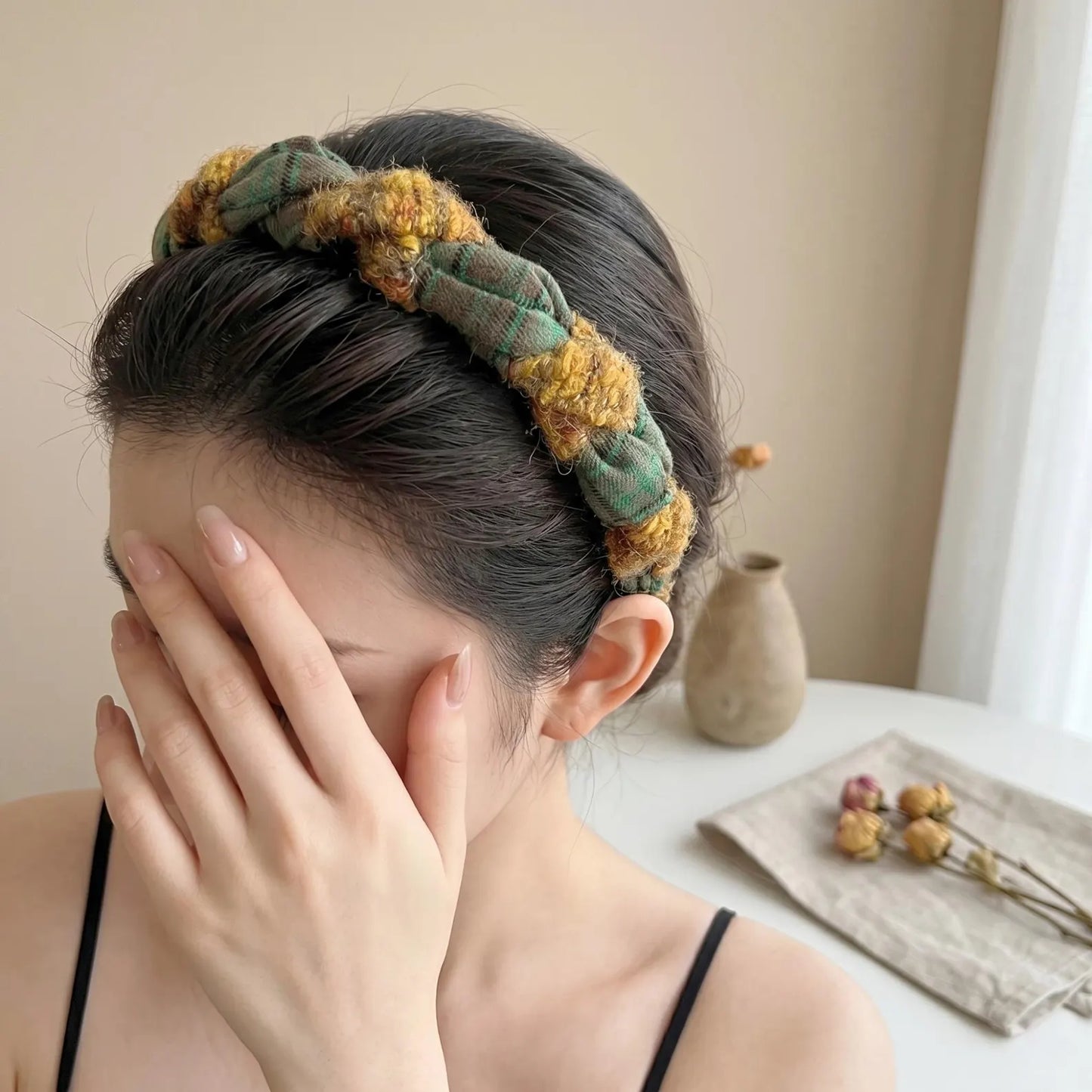 Effortless Chic Chunky Plaid Braided Headband in Oolong Tea & Lemon Tree, Voluminous Padded Hairband with Hidden Teeth – YUDI VAULT